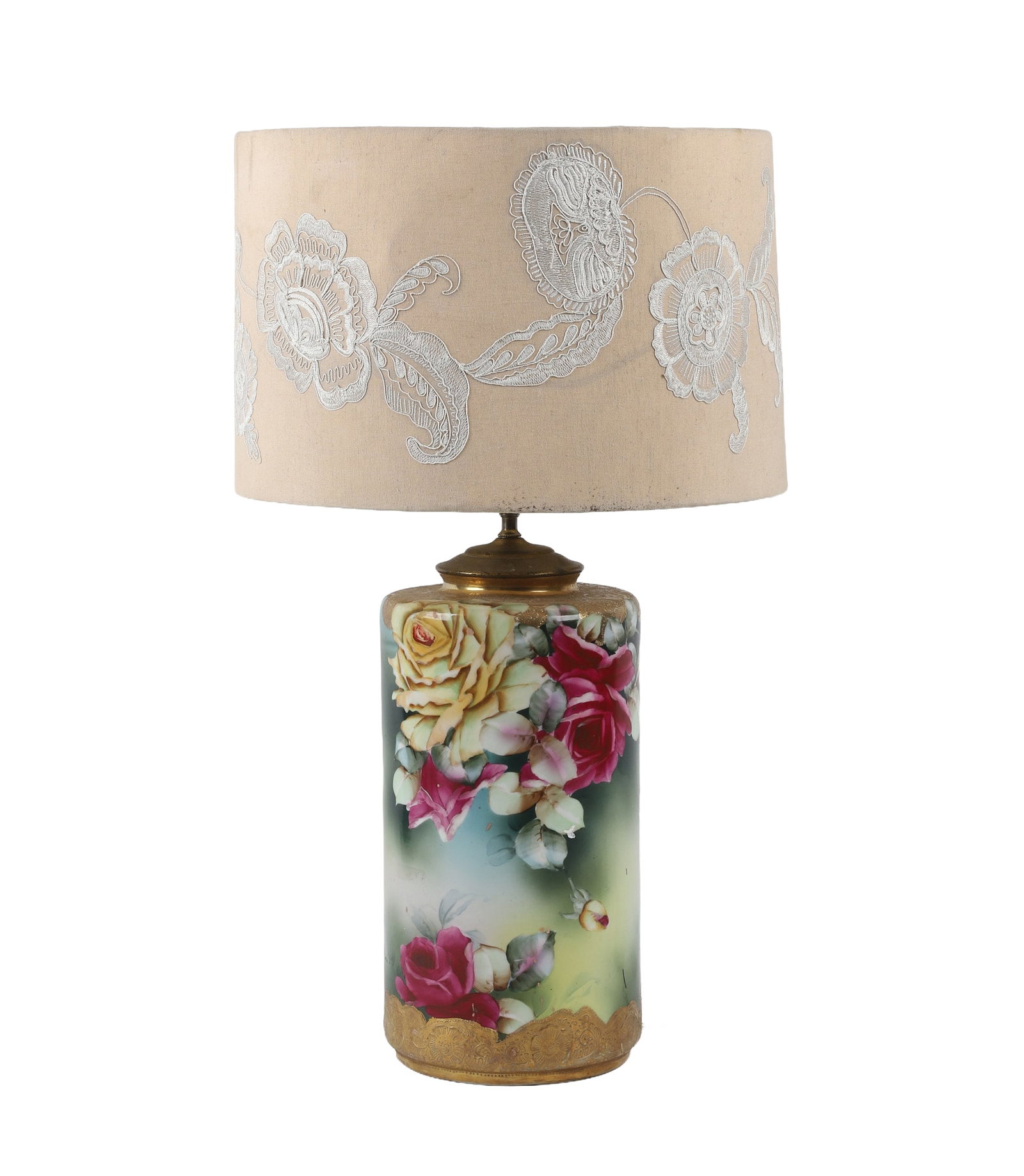 Hand Painted Nippon Floral Lamp: Hand Painted Nippon Floral Lamp Hand painted Nippon cylindrical form table lamp decorated with flowers. Embroidered shade shows some stains, 27 1/2"H, 15"W shade