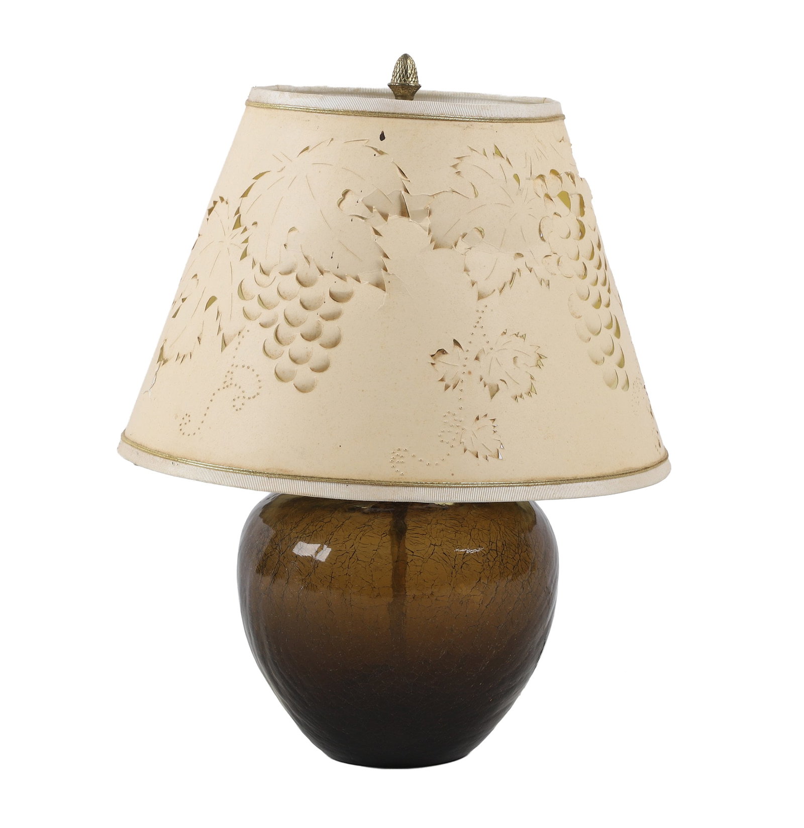 Glass Table Lamp W/ Pierced Shade: Glass Table Lamp W/ Pierced Shade Globular form glass end table lamp with decoratively cut shade of leaves & grapes. Shade shows some damage. 16 1/2"H