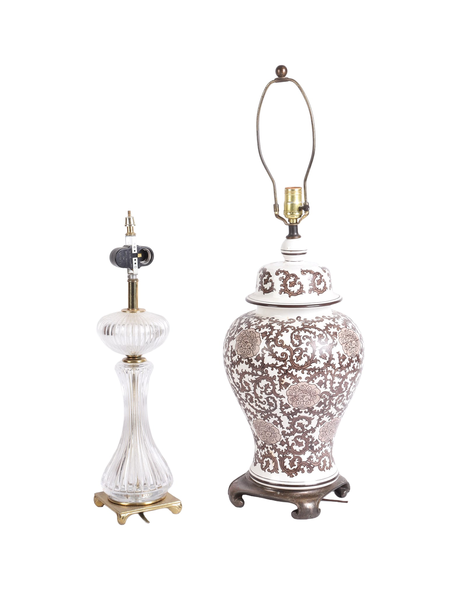 Vintage Table Lamp Duo: Vintage Table Lamp Duo Pair of lamps including a 31 1/2" flower & vine urn vase (converted) and a 21 1/2" glass lamp with brass fittings. Both need new cords.