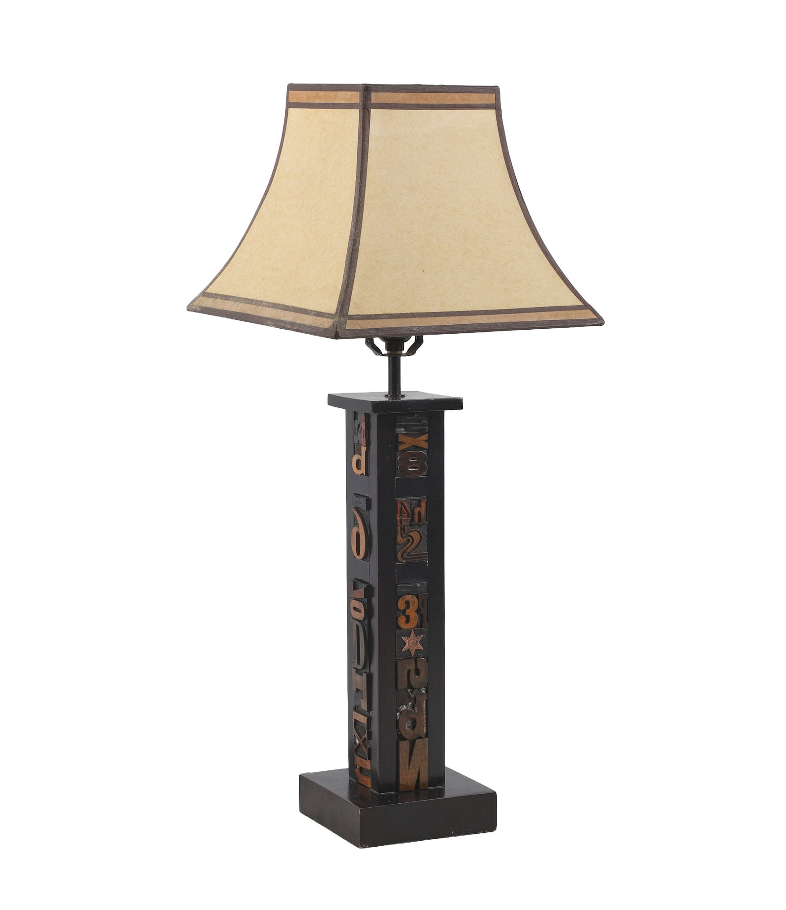Typography Table Lamp: Typography Table Lamp Unique typography table lamp assembled from a variety of wooden type blocks by artist Sy Blinn, signed at the base. 29"H x 12'W, 6"W at base.