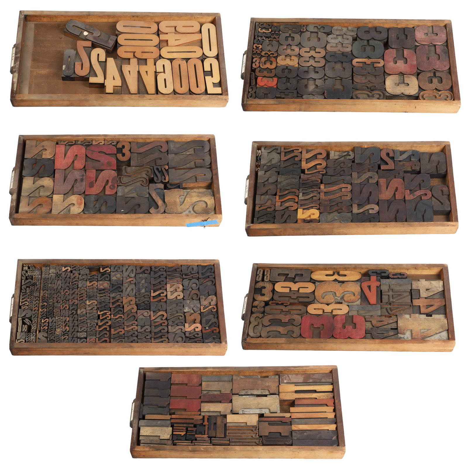 Vintage and Antique Letterpress Typeset Blocks in (7) Drawers: Vintage and Antique Letterpress Typeset Blocks in (7) Drawers Each drawer is a veritable study in typography, varying in font style, point size, and sculptural interest?various ages. Mostly made from