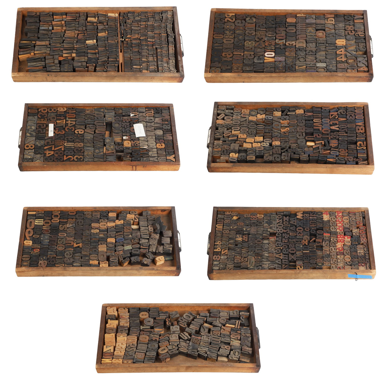 Vintage and Antique Letterpress Typeset Blocks in (7) Drawers: Vintage and Antique Letterpress Typeset Blocks in (7) Drawers Each drawer is a veritable study in typography, varying in font style, point size, and sculptural interest?various ages. Mostly made from