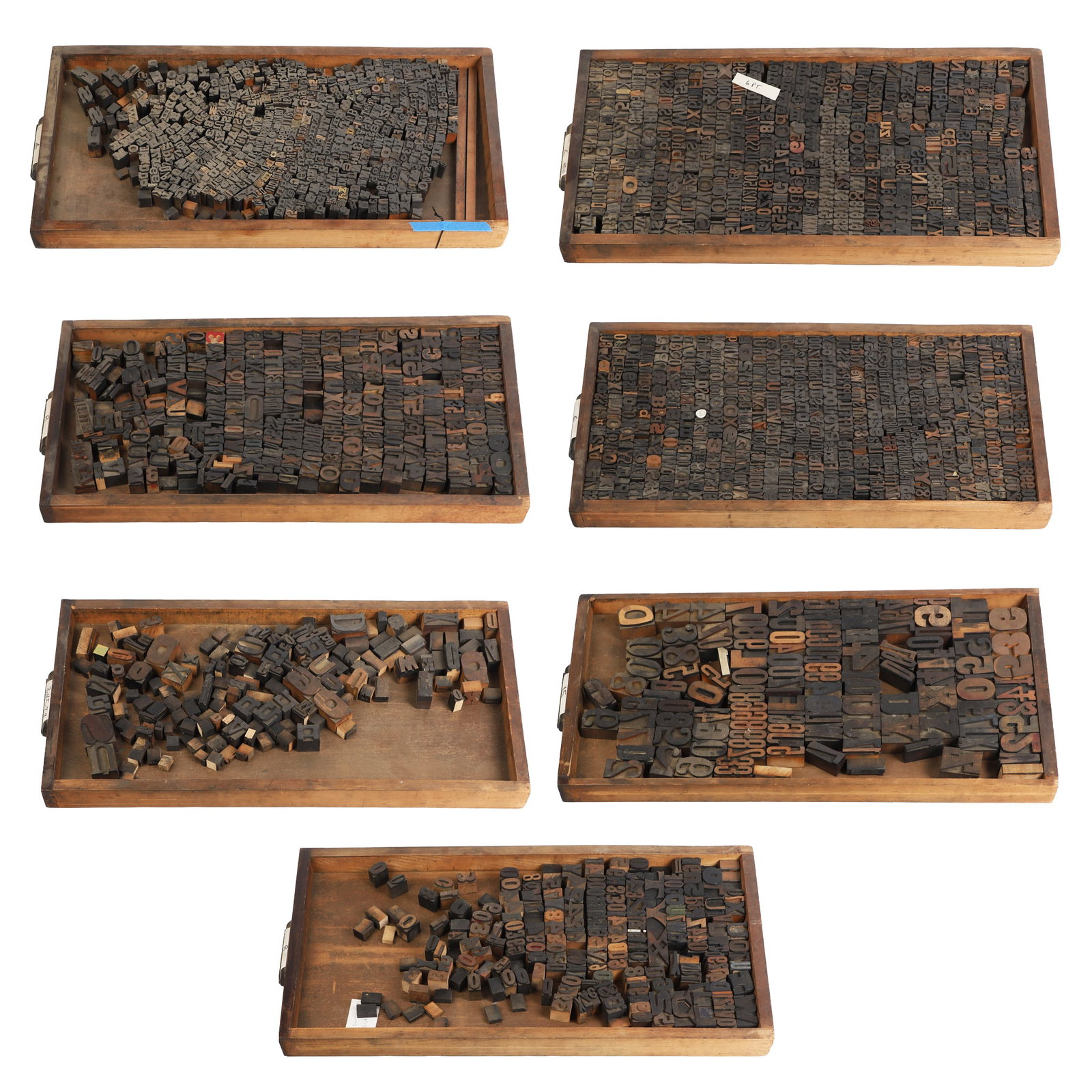 Vintage and Antique Letterpress Typeset Blocks in (7) Drawers: Vintage and Antique Letterpress Typeset Blocks in (7) Drawers Each drawer is a veritable study in typography, varying in font style, point size, and sculptural interest?various ages. Mostly made from
