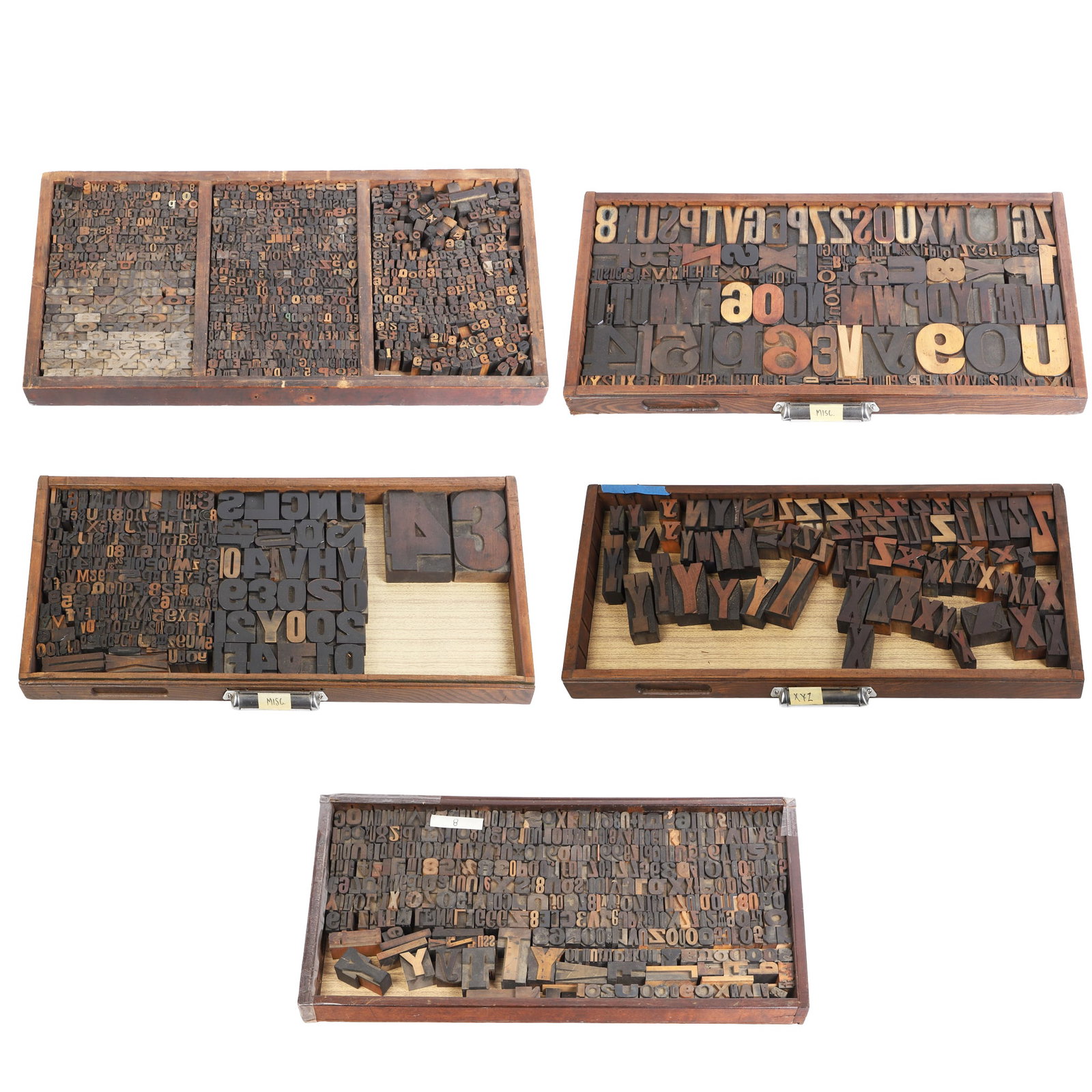 Vintage and Antique Letterpress Typeset Blocks in (5) Drawers: Vintage and Antique Letterpress Typeset Blocks in (5) Drawers Each drawer is a veritable study in typography, varying in font style, point size, and sculptural interest?various ages. Mostly made from 