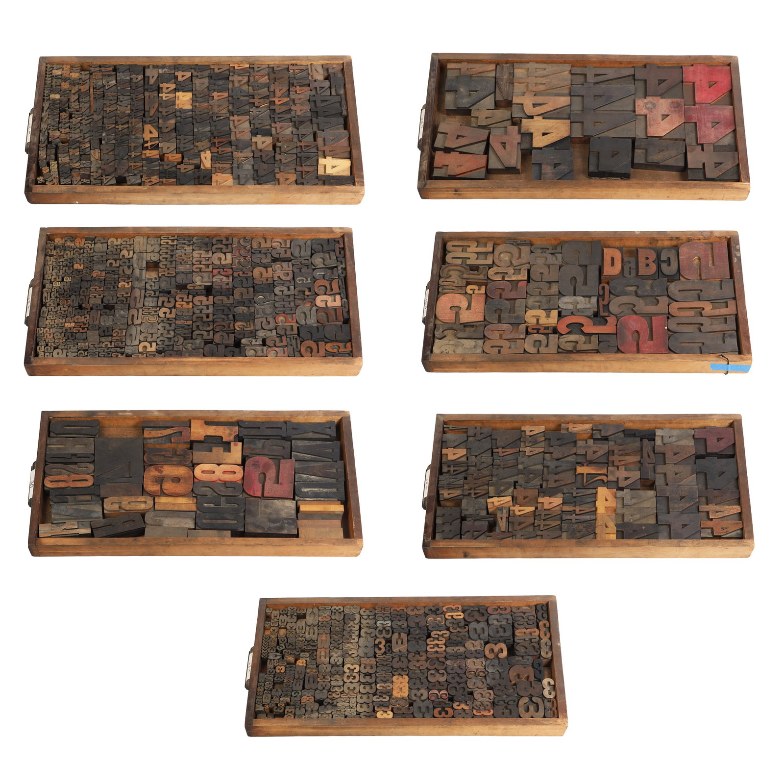 Vintage and Antique Letterpress Typeset Blocks in (7) Drawers: Vintage and Antique Letterpress Typeset Blocks in (7) Drawers Each drawer is a veritable study in typography, varying in font style, point size, and sculptural interest?various ages. Mostly made from