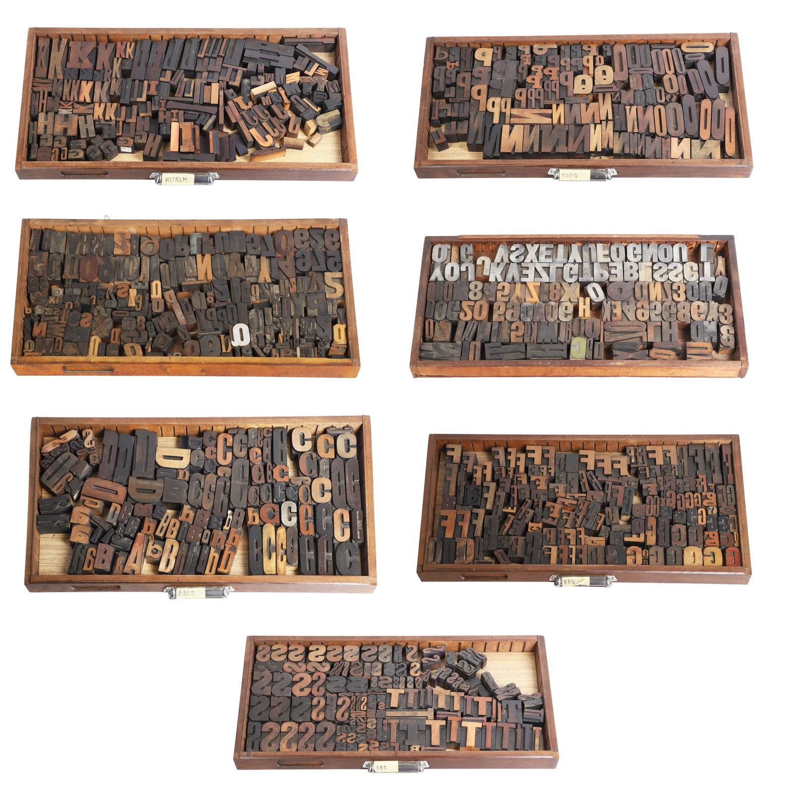 (7) Drawers, Vintage and Antique Letterpress Typeset Blocks: (7) Drawers, Vintage and Antique Letterpress Typeset Blocks Each drawer is a veritable study in typography, varying in font style, point size, and sculptural interest?various ages. Mostly made from wo