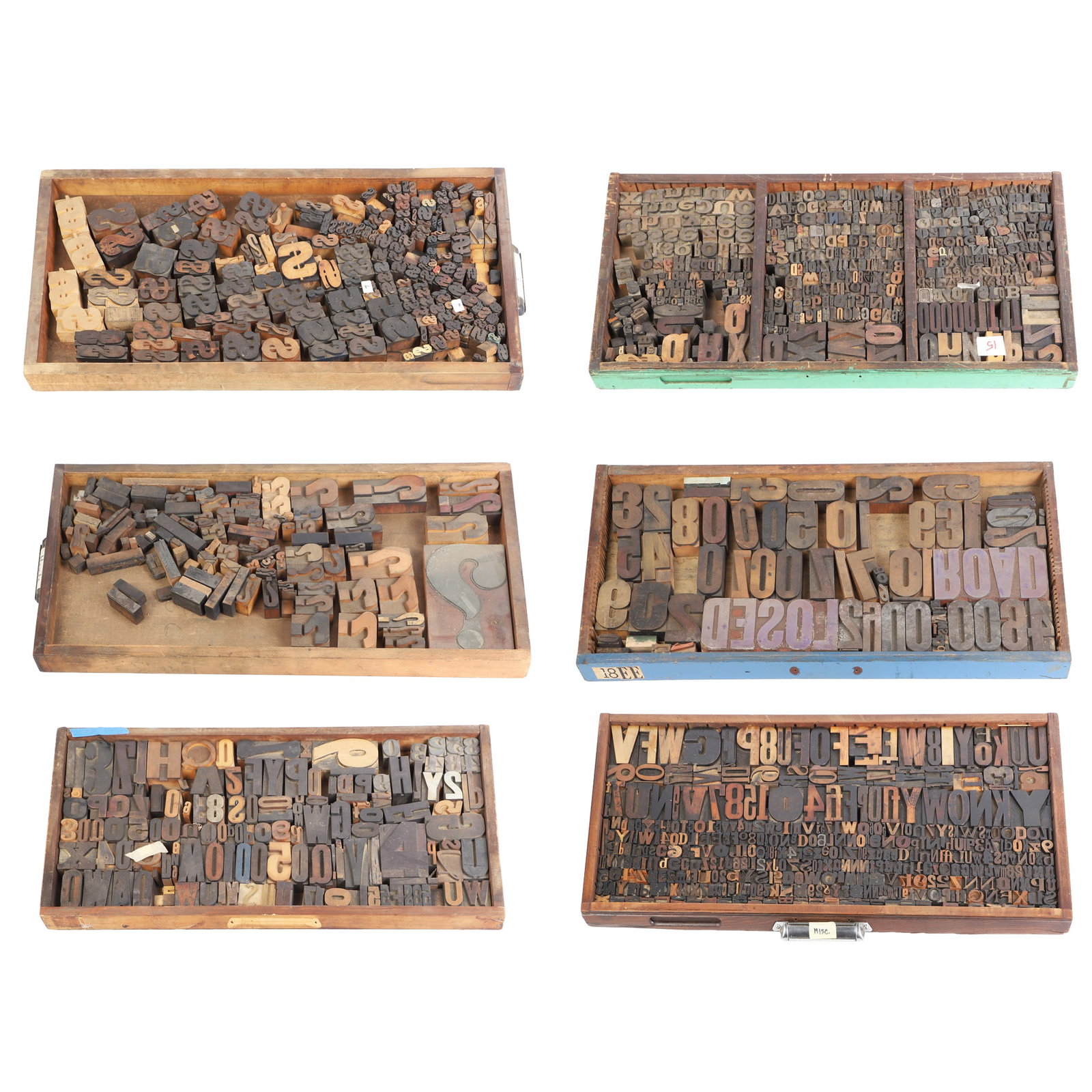 Vintage and Antique Letterpress Typeset Blocks, (7) Drawers: Vintage and Antique Letterpress Typeset Blocks, (7) Drawers Each drawer is a veritable study in typography, varying in font style, point size, and sculptural interest?various ages. Mostly made from wo