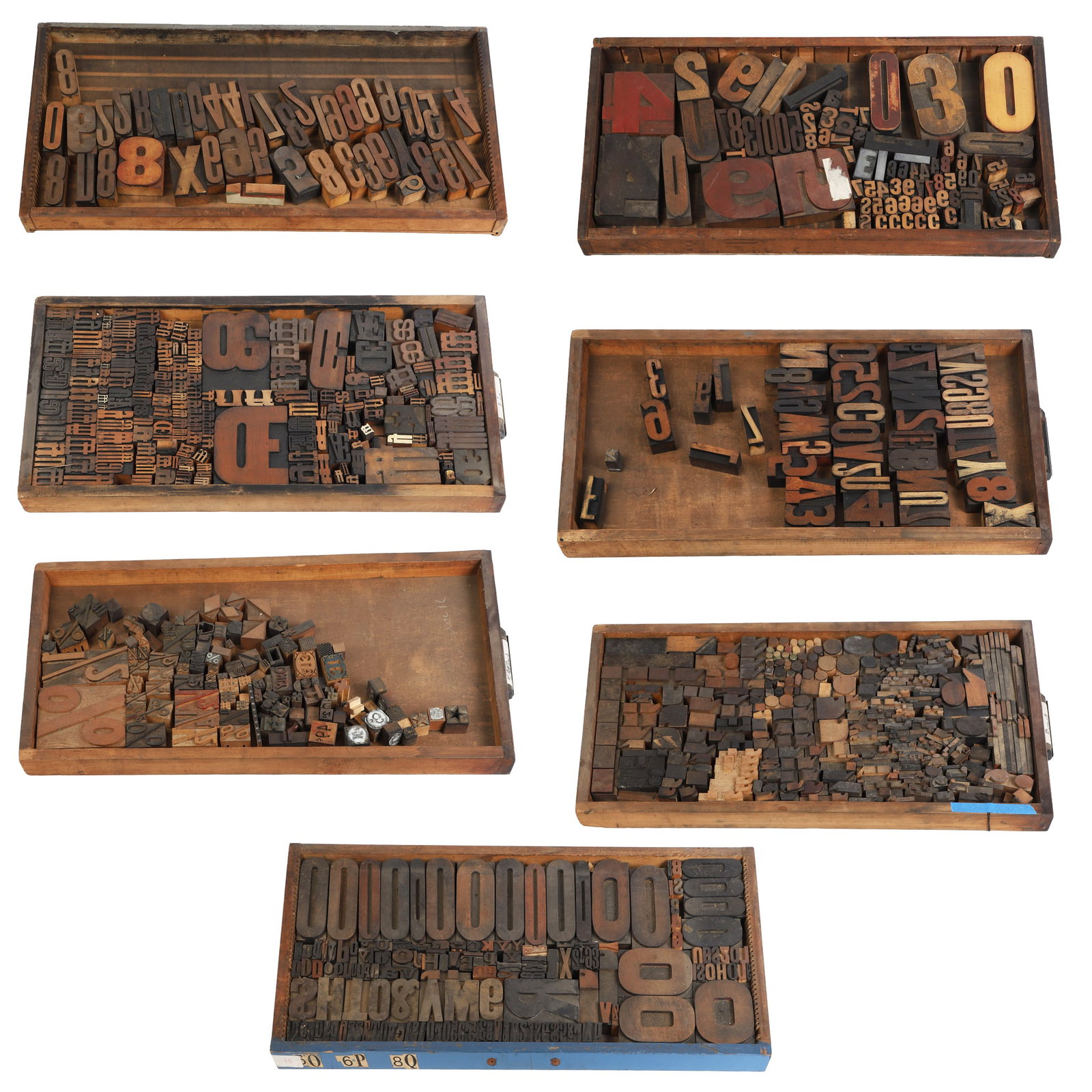 Vintage and Antique Letterpress Typeset Blocks, (7) Drawers: Vintage and Antique Letterpress Typeset Blocks, (7) Drawers Each drawer is a veritable study in typography, varying in font style, point size, and sculptural interest?various ages. Mostly made from wo