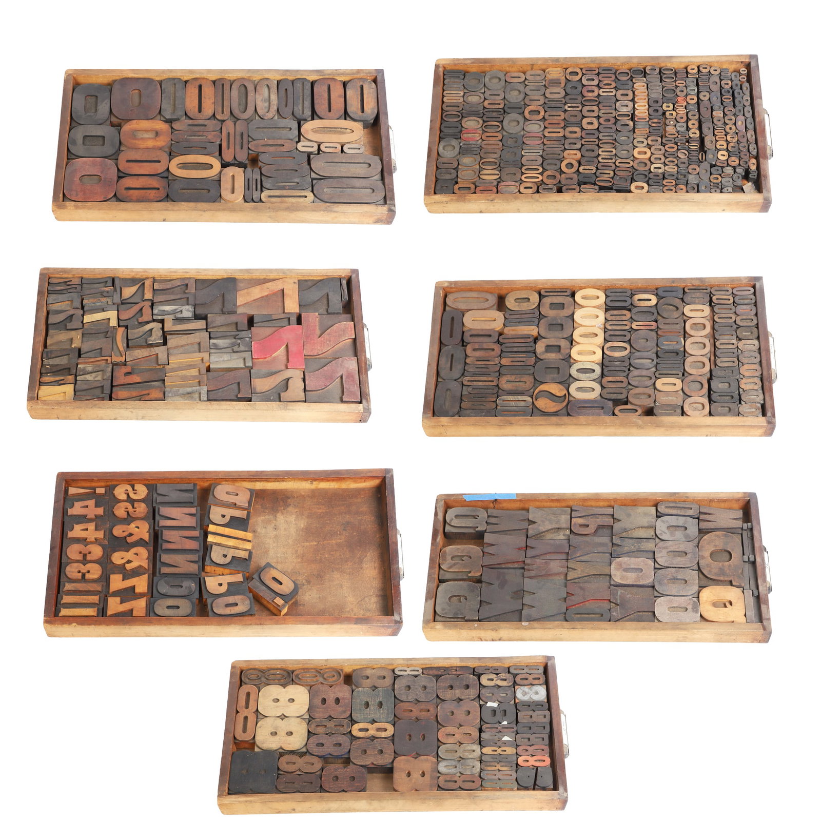 Vintage and Antique Letterpress Typeset Blocks, (7) Drawers: Vintage and Antique Letterpress Typeset Blocks, (7) Drawers Each drawer is a veritable study in typography, varying in font style, point size, and sculptural interest?various ages. Mostly made from wo