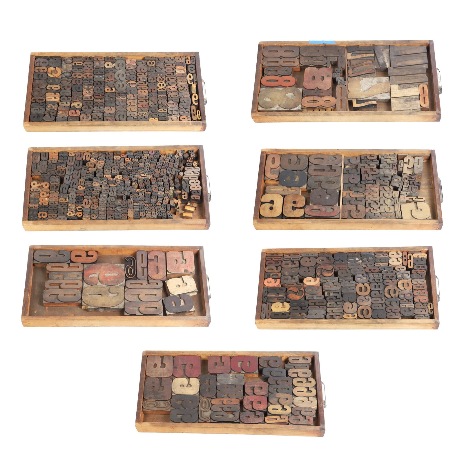 (7) Drawers, Vintage and Antique Letterpress Typeset Blocks: (7) Drawers, Vintage and Antique Letterpress Typeset Blocks Each drawer is a veritable study in typography, varying in font style, point size, and sculptural interest?various ages. Mostly made from wo