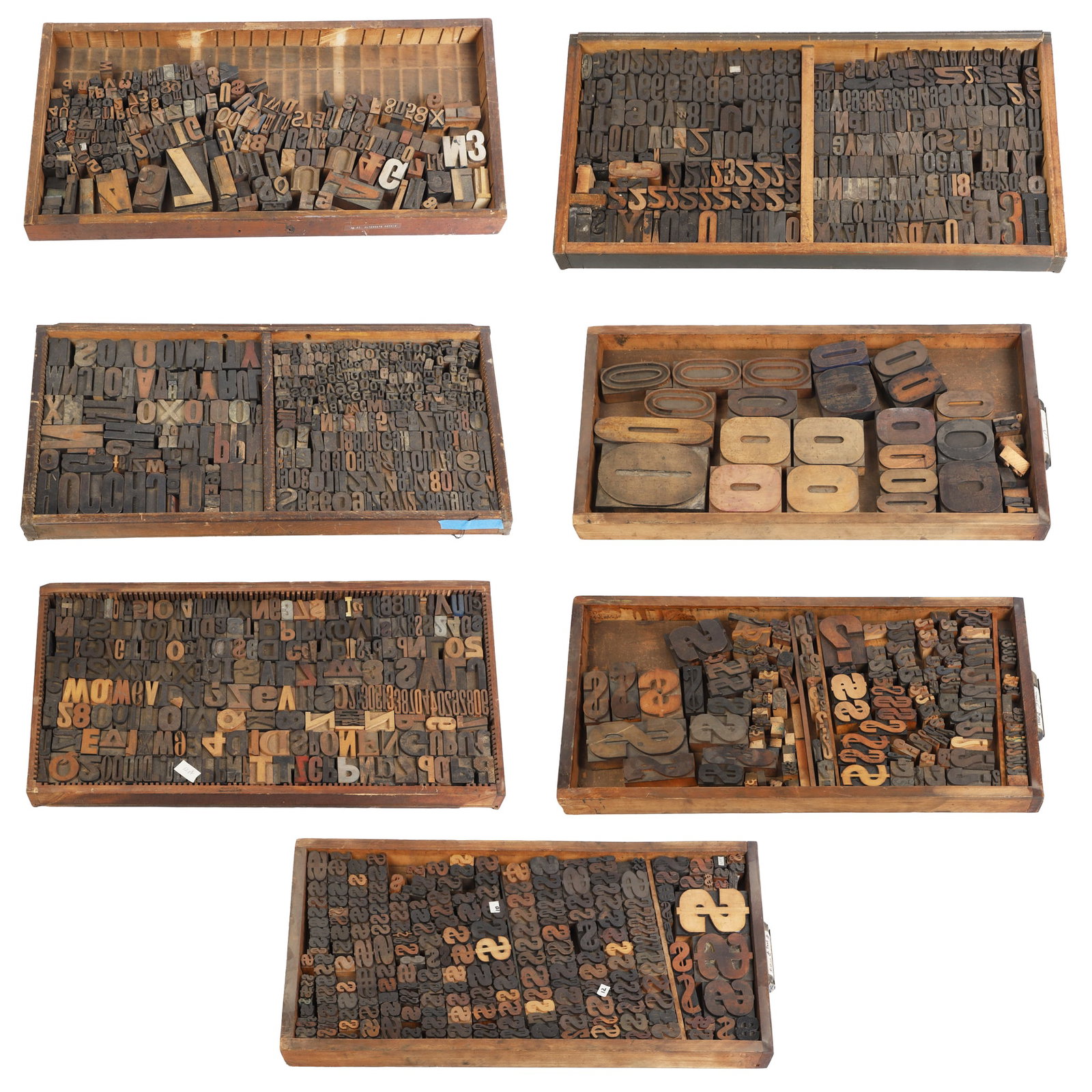 Vintage and Antique Letterpress Typeset Blocks, (7) Drawers: Vintage and Antique Letterpress Typeset Blocks, (7) Drawers Each drawer is a veritable study in typography, varying in font style, point size, and sculptural interest?various ages. Mostly made from wo