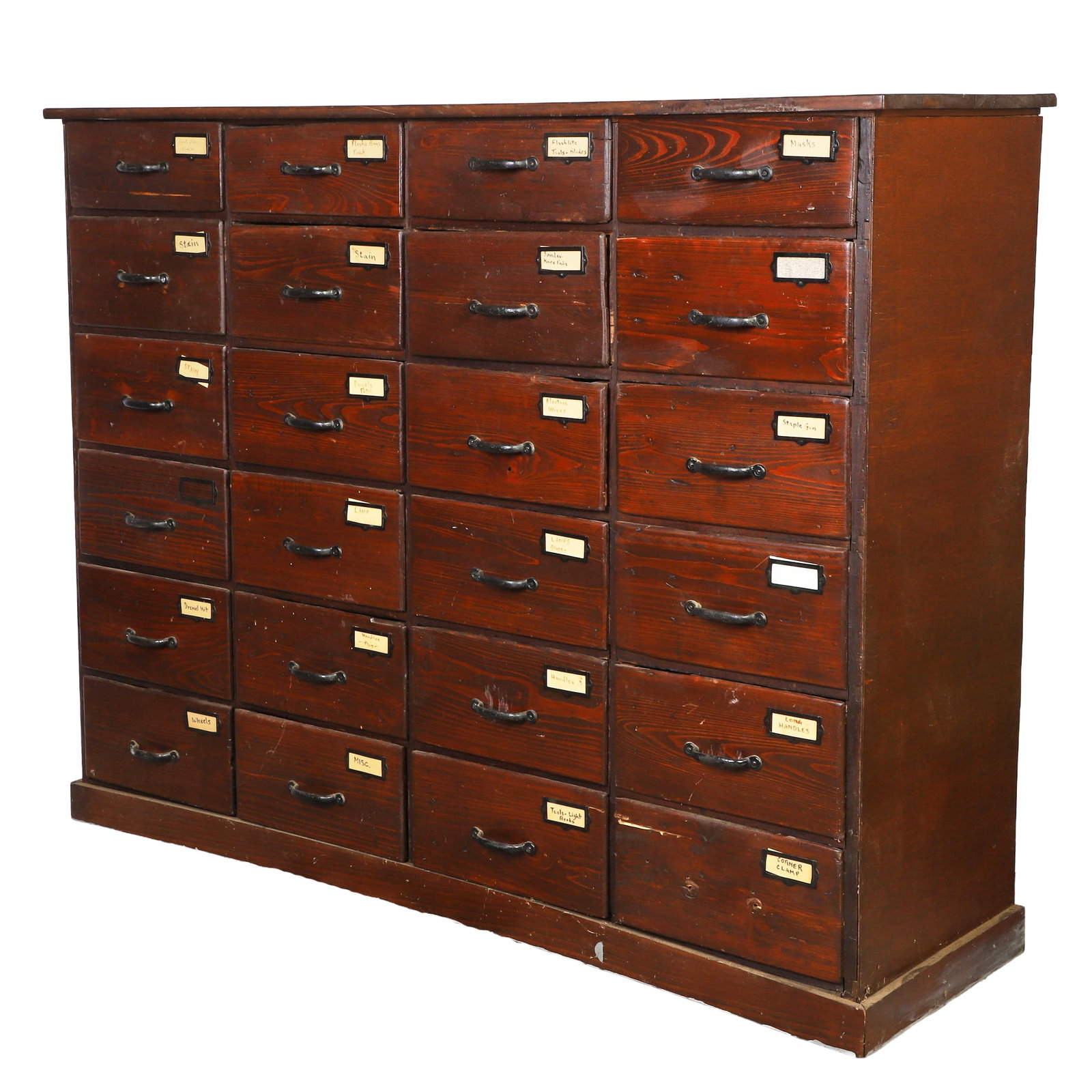 Vintage Pine 24-drawer Hardware and Parts Cabinet: Vintage Pine 24-drawer Hardware and Parts Cabinet Fashioned from a much larger unit, this cabinet carcass was enclosed with plywood around the sides and back, placed on a pedestal footer, and topped w