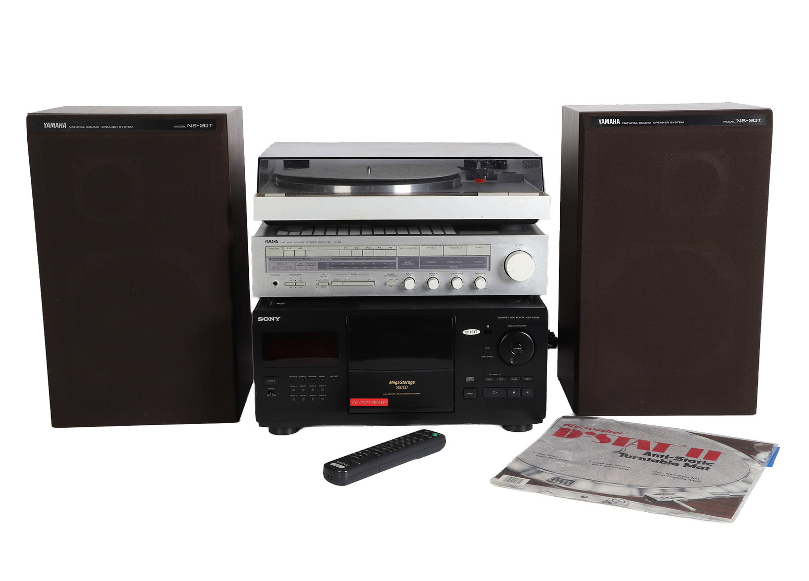 Yamaha Turntable, Stereo Receiver & Speakers + Sony CD Changer: Yamaha Turntable, Stereo Receiver & Speakers + Sony CD Changer Complete Yamaha sound system with P-200 semi-automatic turntable (S/N #19601), R-20 stereo receiver (S/N #104930), (2) NS-20T stereo syst