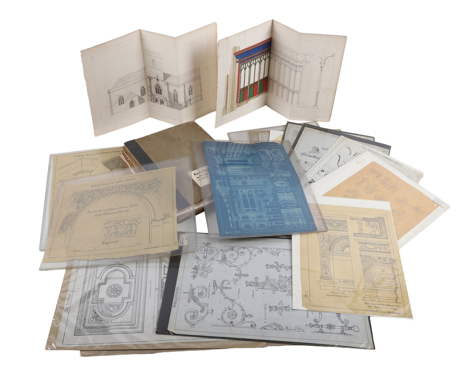 Architectural Ephemera.: Architectural Ephemera. Lot of antique architectural ephemera including sketches on vellum, blueprints, a worn copy of 1845 'Quarterly Papers on Architecture' Vol. IV with engravings and much more.