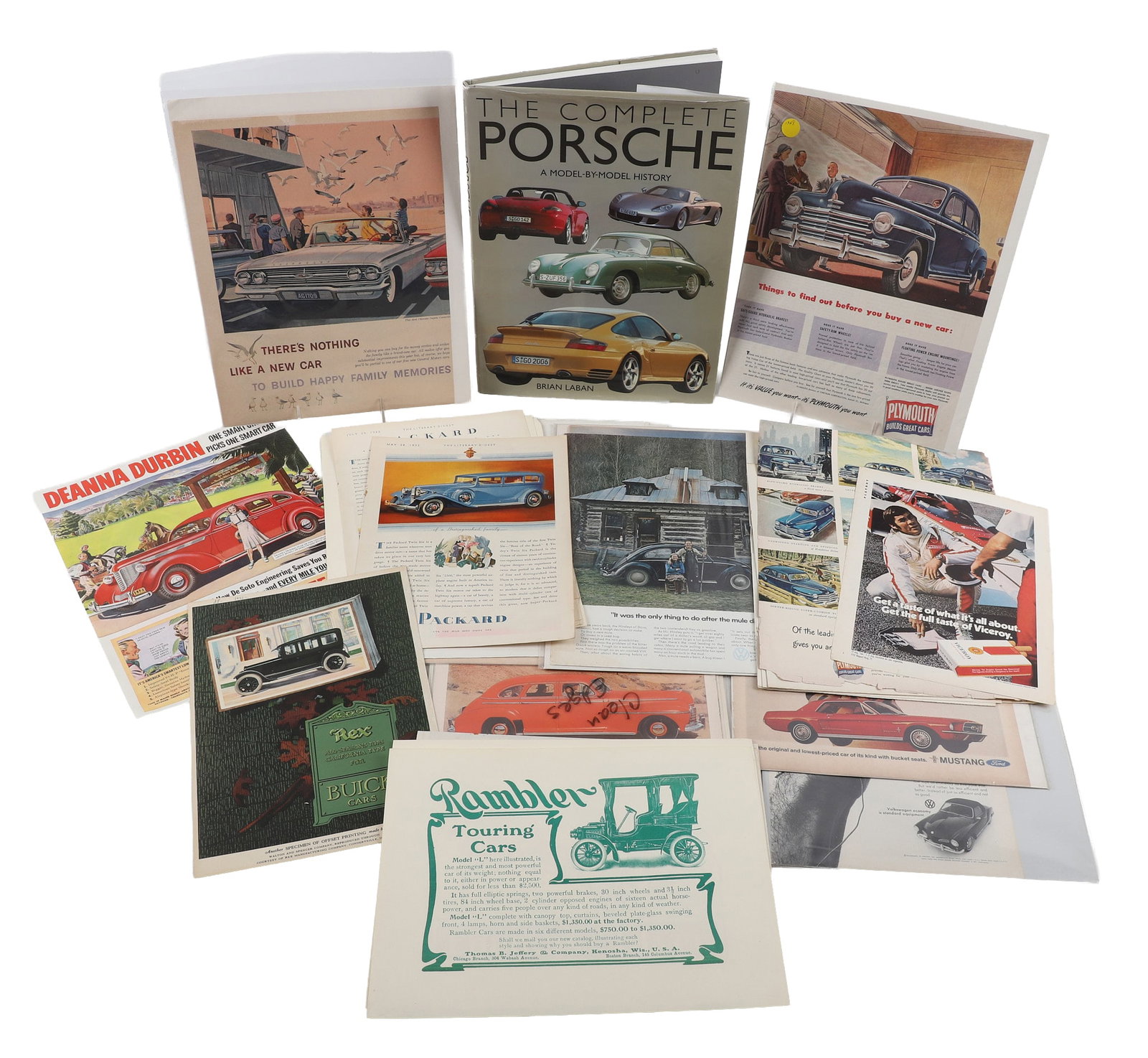 Automotive Ephemera Lot: Automotive Ephemera Lot Collection of antique and vintage ephemera having to do with automobiles. Consisting mostly of magazine cut-outs and two page advertisements, also includes 'The Complete Porche