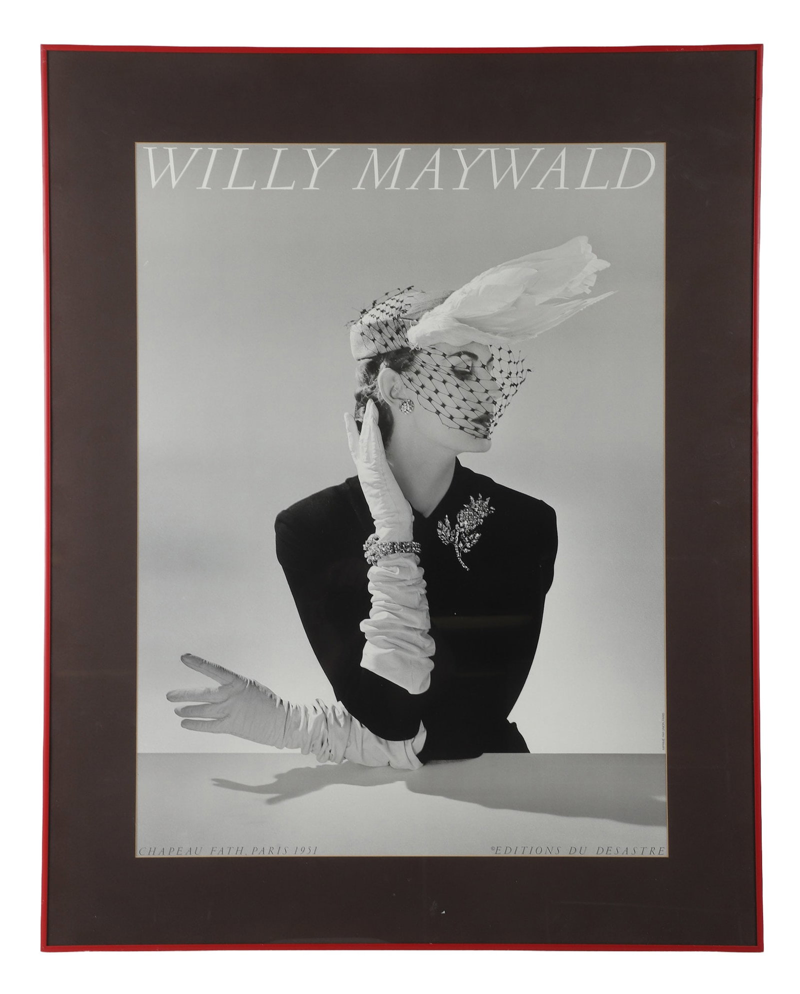 Editions du Desastre, Willy Maywald, Poster: Editions du Desastre, Willy Maywald, Poster Decorative fashion photography poster, after Willy Maywald, Chapeau Fath, Paris, 1951. Size: 31" H x 23" W, sight, 39.25" H x 31.25" W, frame.