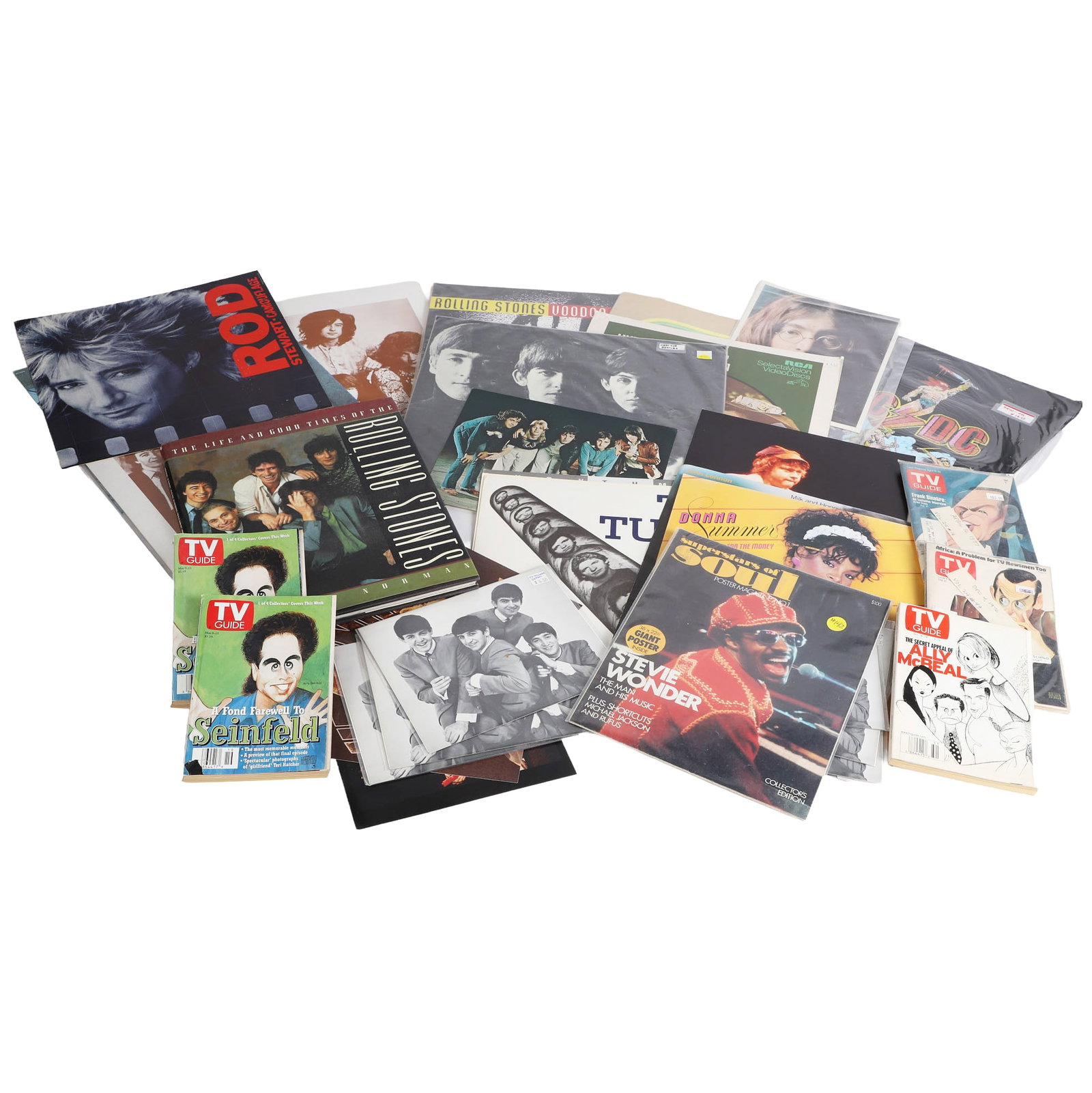 Vintage Pop Music & TV Ephemera Lot: Vintage Pop Music & TV Ephemera Lot Vintage pop music ephemera & record store advertisements lot to include classic artists like The Beatles, The Rolling Stones, Donna Summer, AC/DC and more. Also inc