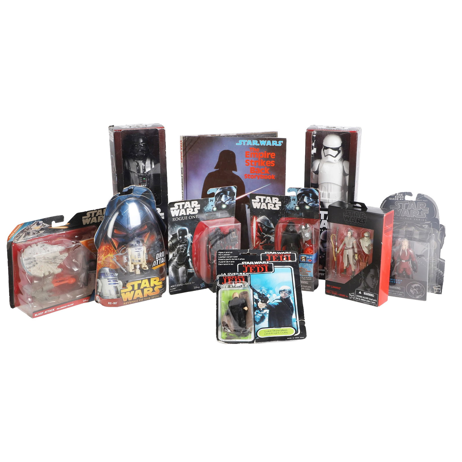 (10) Star Wars Merch: (10) Star Wars Merch Lot of (9) Star Wars in-box Toys & action figures, mostly modern with a 'Return of the Jedi' Luke Skywalker action figure noted. Also includes a children's picture book.
