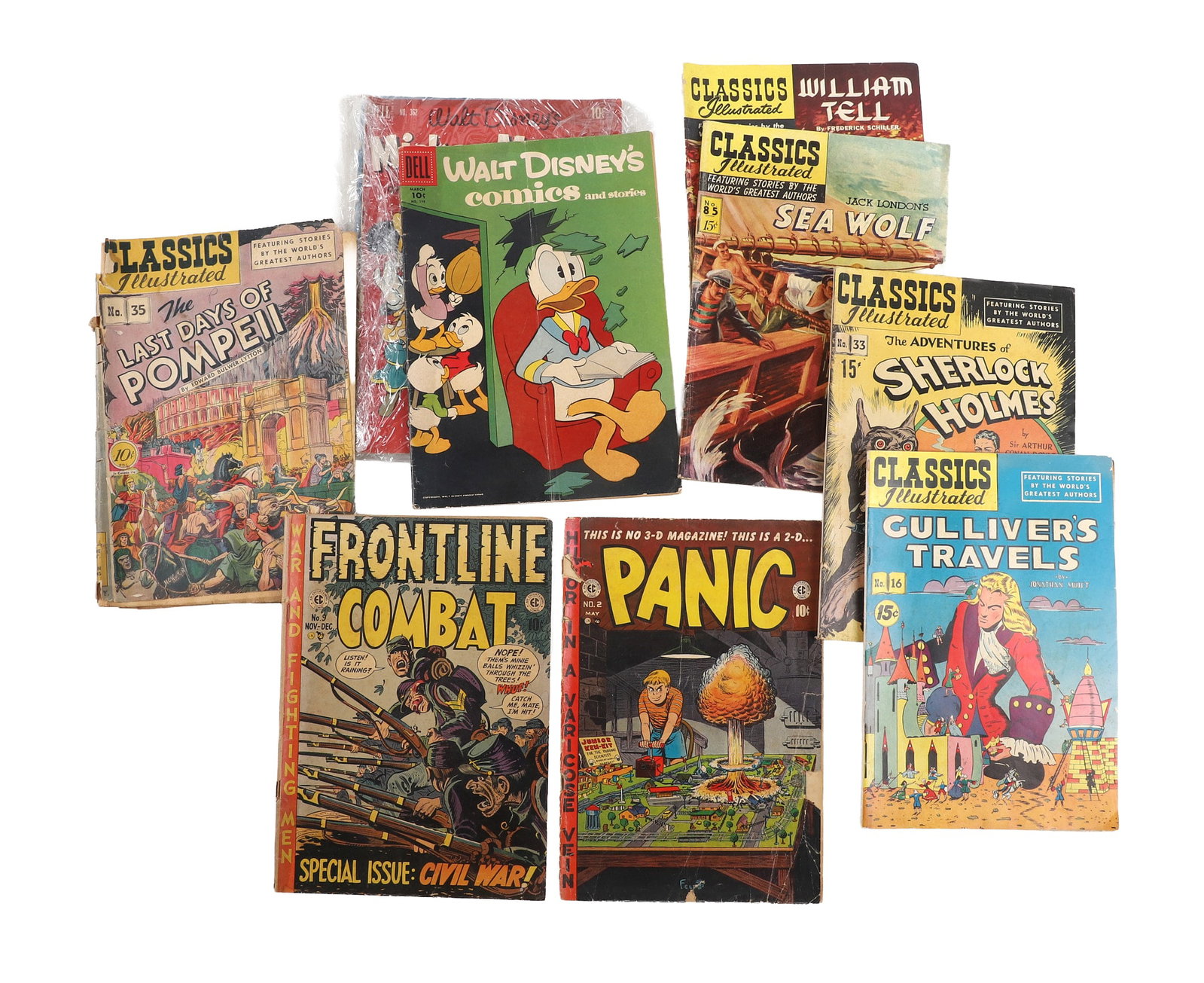 (10) Vintage Comics, Walt Disney and Classics Illustrated.: (10) Vintage Comics, Walt Disney and Classics Illustrated. (10) Vintage comic lot including Frontline Combat #9, PANIC #2, and an assortment of Walt Disney and Classics Illustrated comic books.