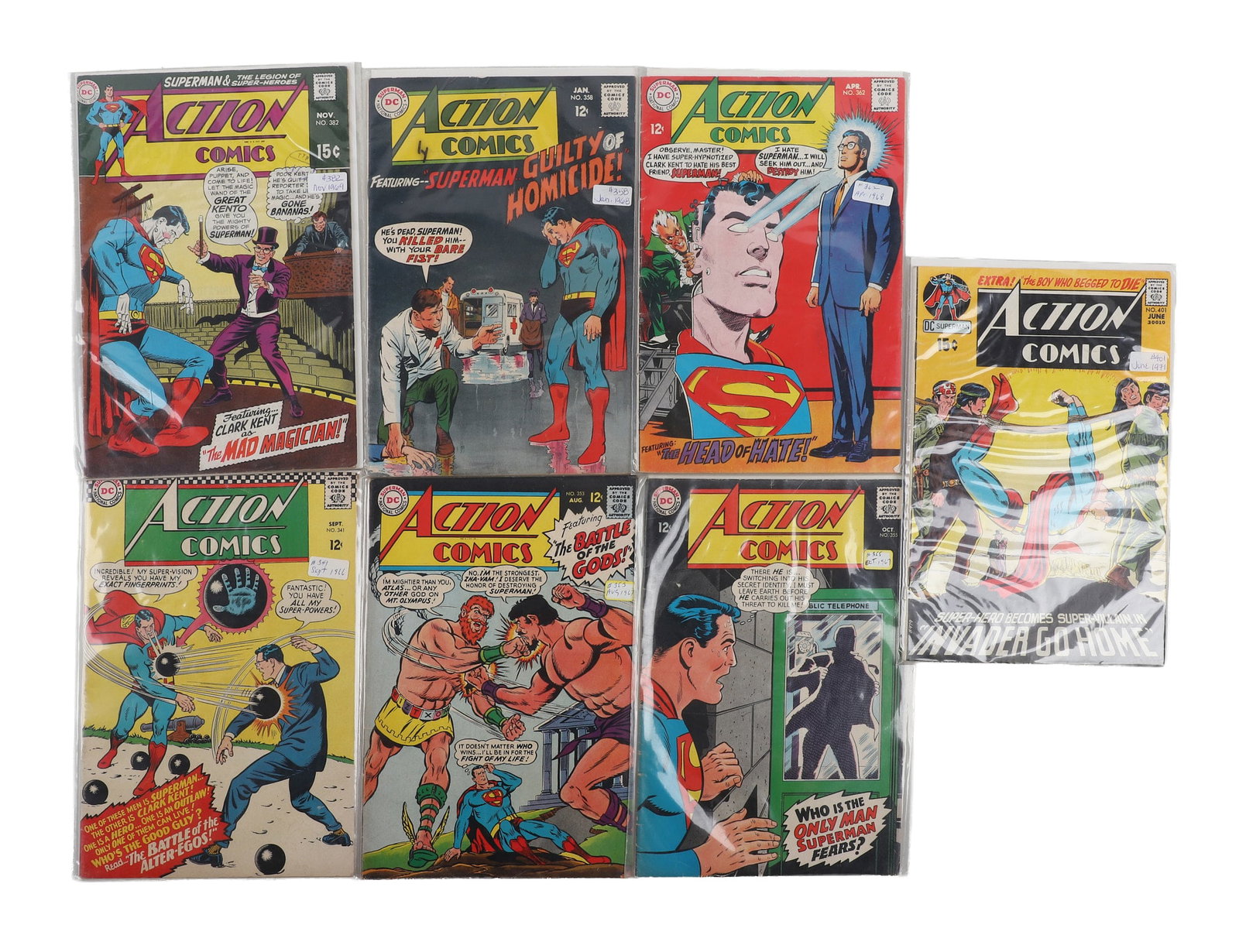 (7) Silver Age DC Action Comics Lot: (7) Silver Age DC Action Comics Lot (7) Silver Age DC Action comics lot including #341, #353, #355, #358, #362, #382 and #401, with #401 noted Bronze Age.