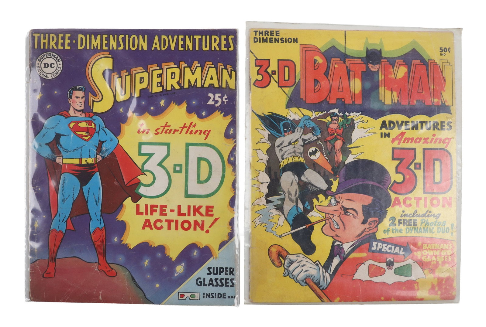 DC Three Dimension 3D Superman & Batman Comics, With Glasses: DC Three Dimension 3D Superman & Batman Comics, With Glasses DC Comics 'Three Dimension Adventures' 3D comic book pair with Superman & Batman. Both come with original glasses, fair condition.