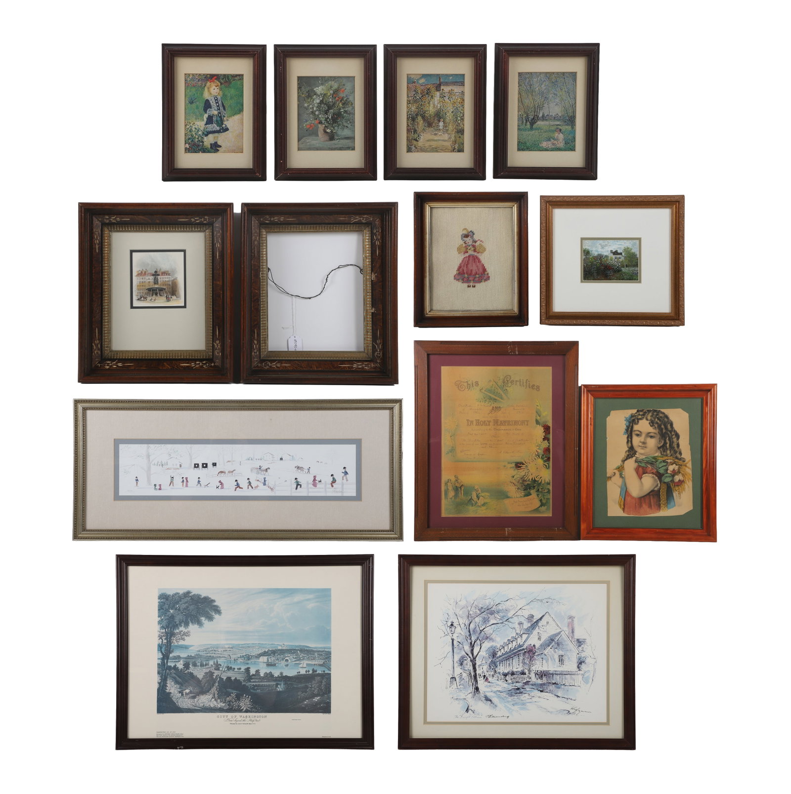 (13) Pc Estate Lot of Framed Decorative Art: (13) Pc Estate Lot of Framed Decorative Art Including antique lithographs, an early marriage certificate, a limited edition print signed by Graebner, and other works to be discovered. Largest frame: 1