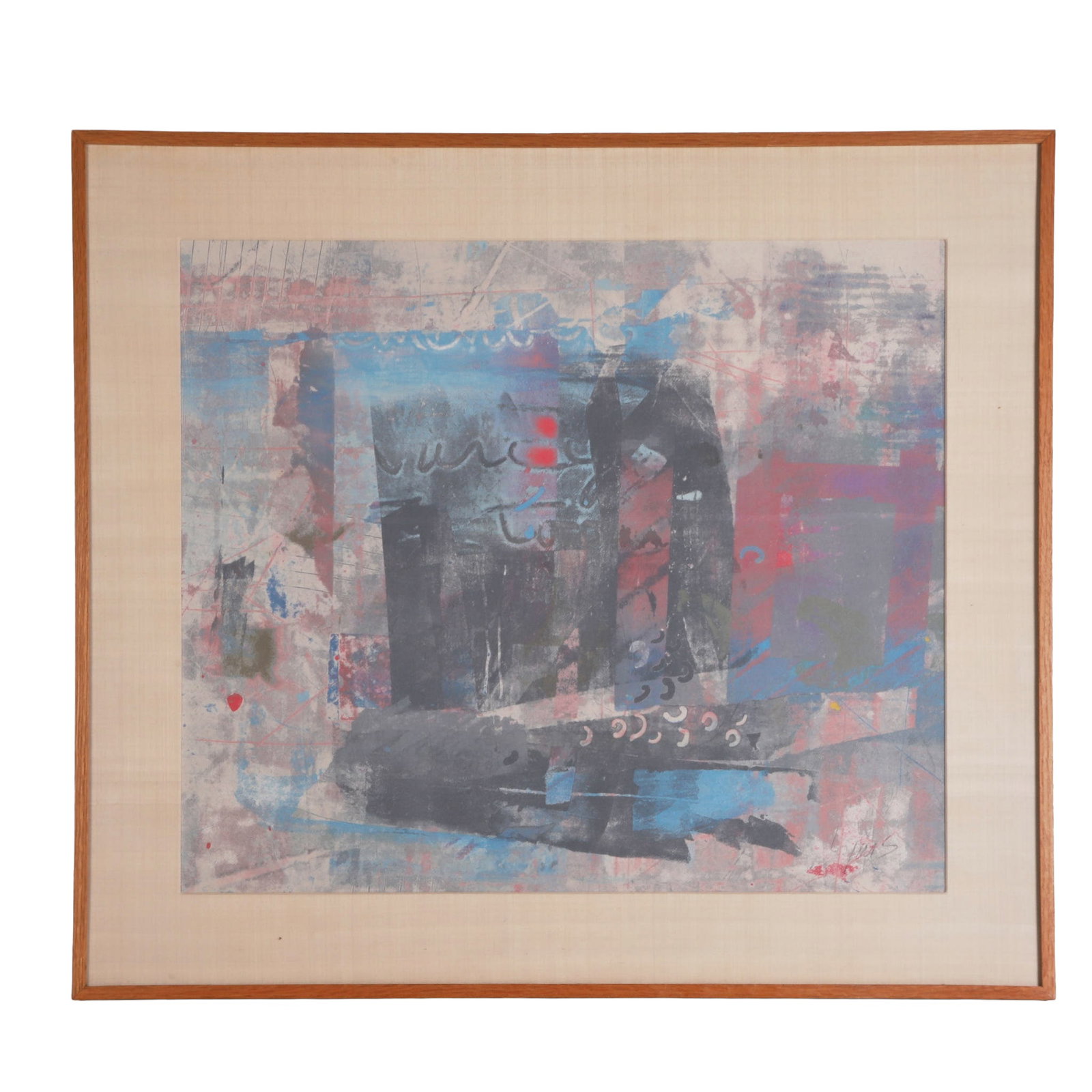 Mitch Lyons (American, 20th C) Modernist Abstract Monotype: Mitch Lyons (American, 20th C) Modernist Abstract Monotype Large-scale print on canvas. Framed under glass and signed in pencil in the lower right corner. 23.5" H x 27.5" W, sight, 31.25" H x 35.25" W
