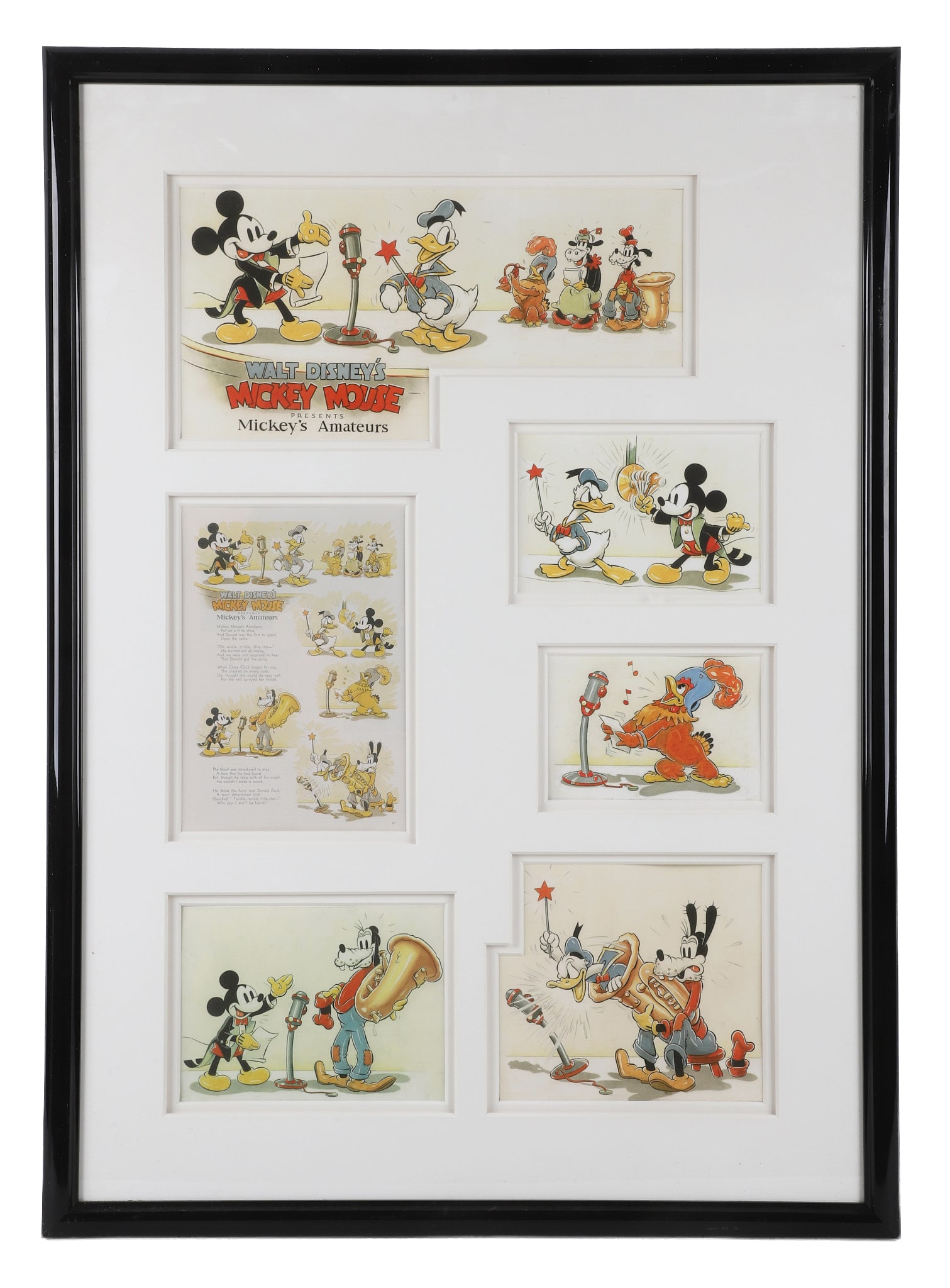 Mickey Mouse, Good Housekeeping Page Vignette: Mickey Mouse, Good Housekeeping Page Vignette Framed lithograph vignette with a Good Housekeeping page surrounded by supporting scenes from Walt Disney's Mickey Mouse Presents Mickey's Amateurs. 40" H