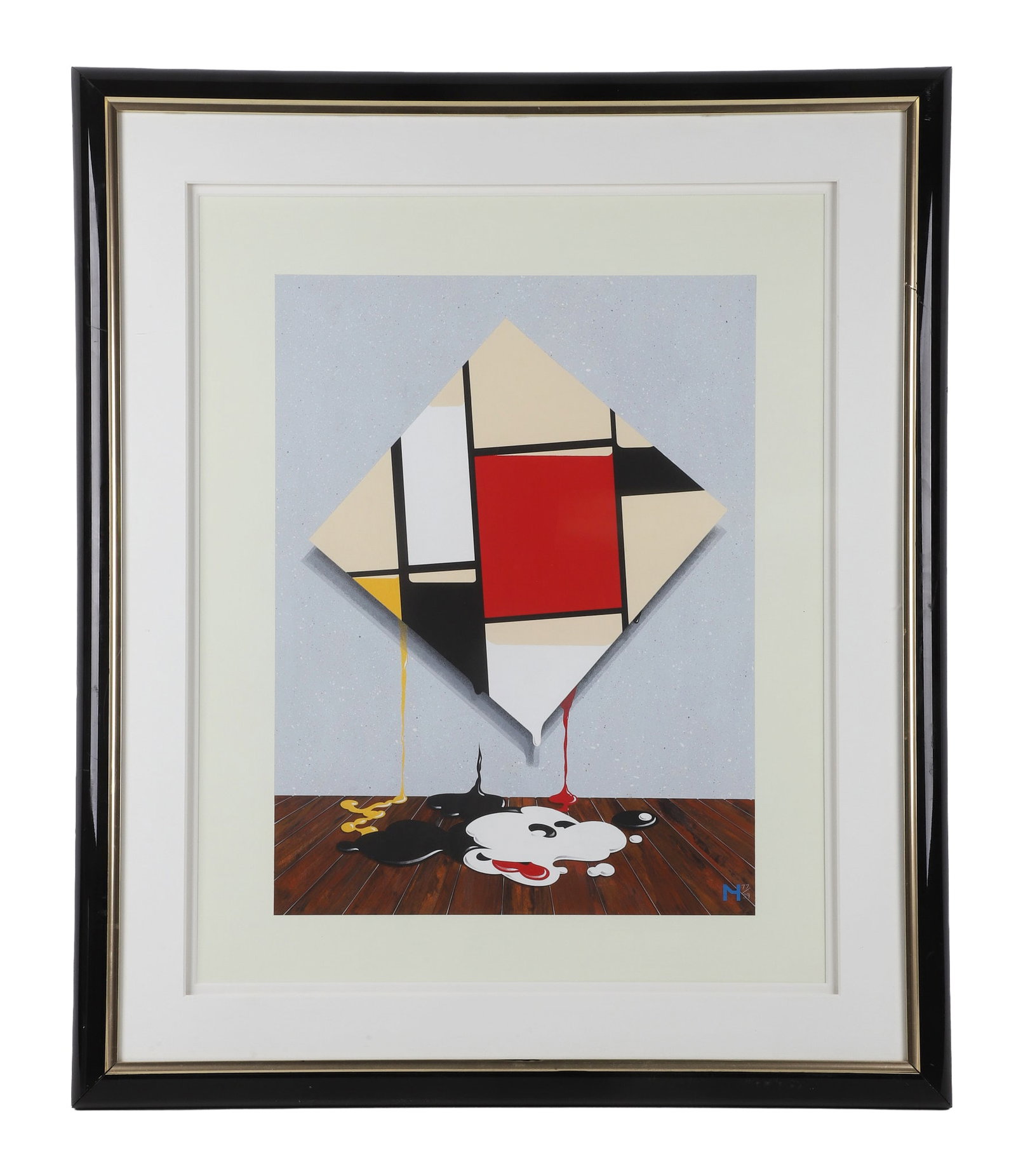 Mick Haggerty, Mondrian Mickey Lithograph: Mick Haggerty, Mondrian Mickey Lithograph A surrealist vignette and art commentary where a Piet Mondrian work oozes its palette to form a puddle of Mickey Mouse. Bearing the label for Renaissance Gall