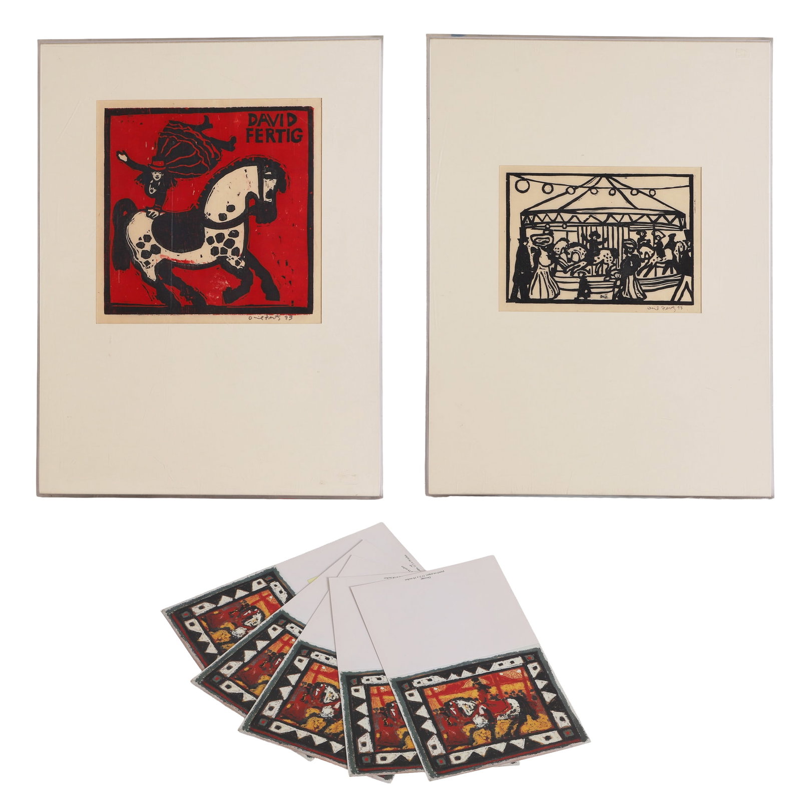 David Fertig (American, b.1946) Collection: David Fertig (American, b.1946) Collection Consisting of (2) 1993 Circus Woodblock prints and (5) original invitations to the reception for the exhibition of the artist and art educator's works at the