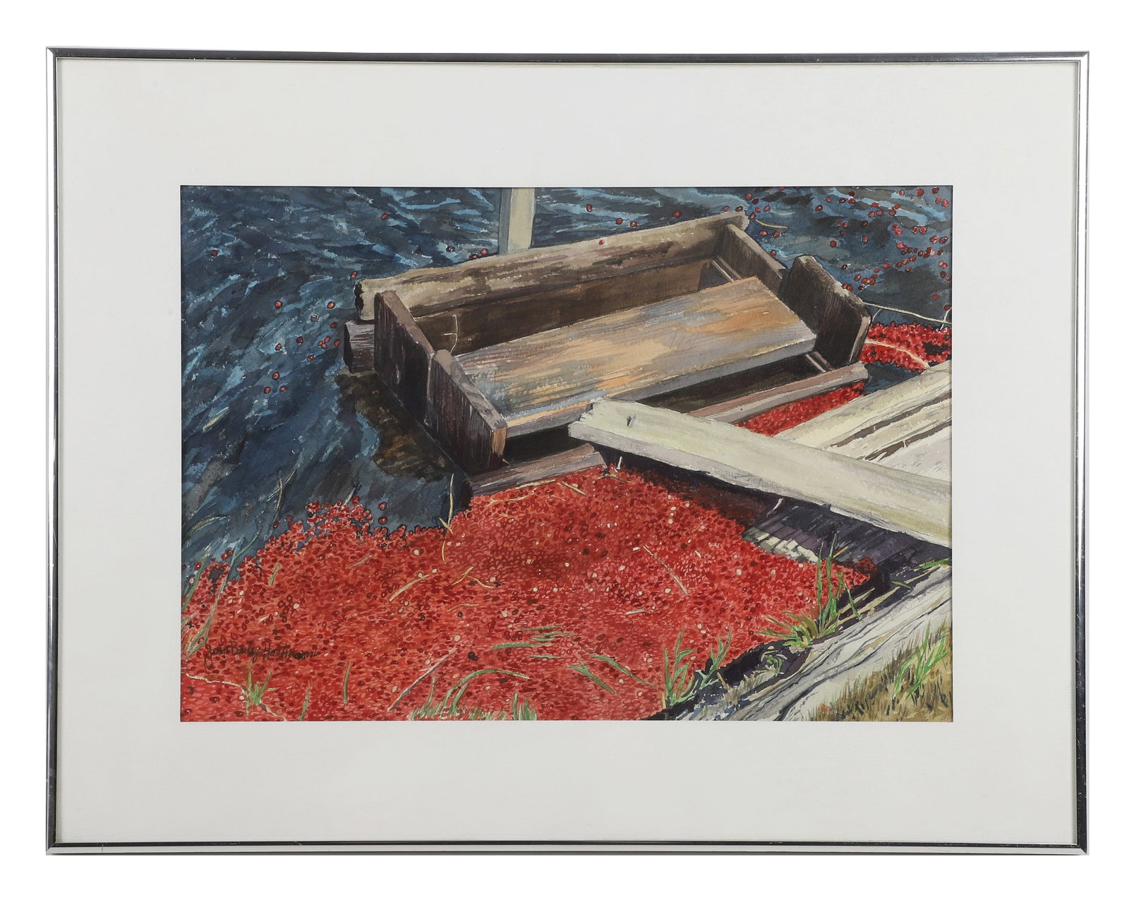 Joan Bailey Hartmann (New Jersey, 20th C) Watercolor: Joan Bailey Hartmann (New Jersey, 20th C) Watercolor Regionalism watercolor of a New Jersey cranberry harvest. Bearing a label verso for title "Sluice Gate, Chattsworth, NJ." Framed under glass, signe
