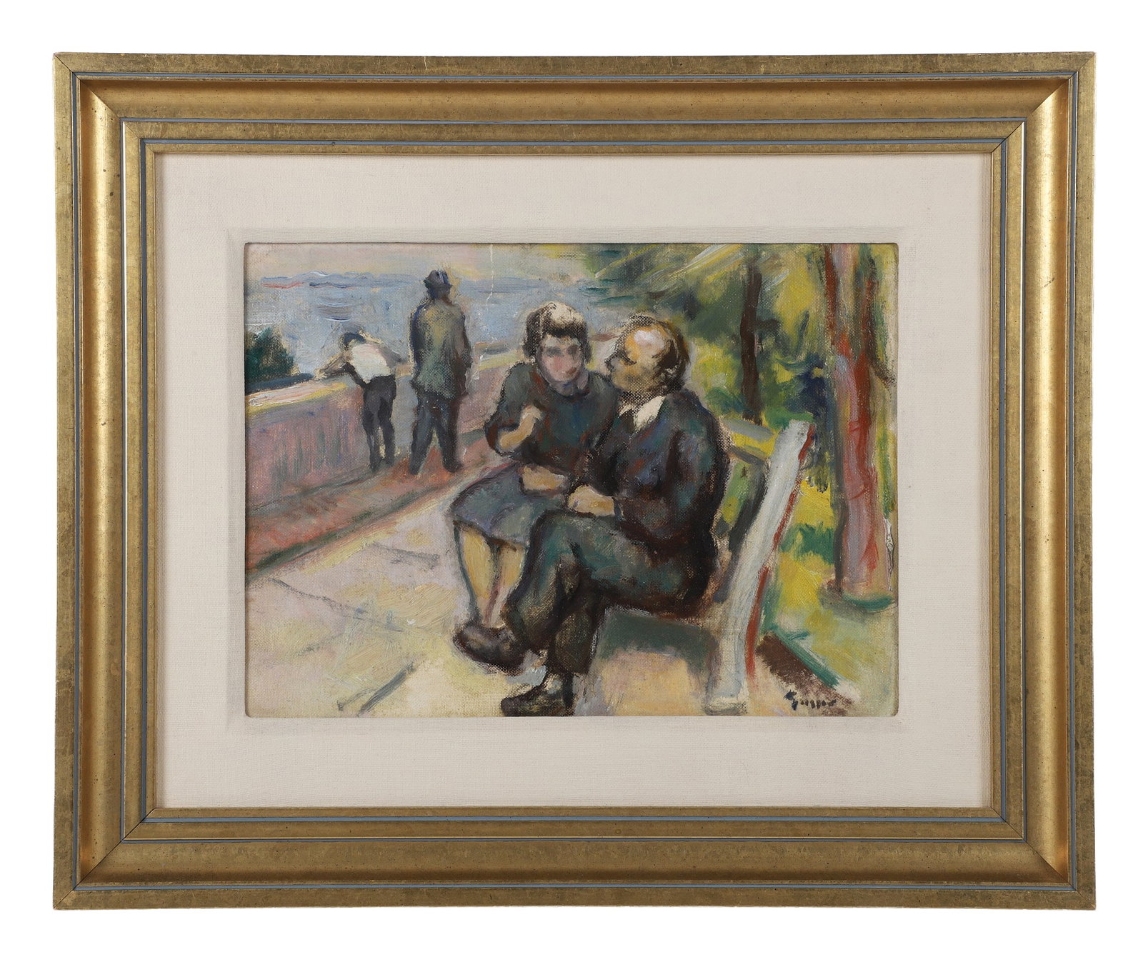 Bernard Gussow, Russian/American 1881-1957, Untitled (Park Bench Couple), Oil on board. (1 of 6)