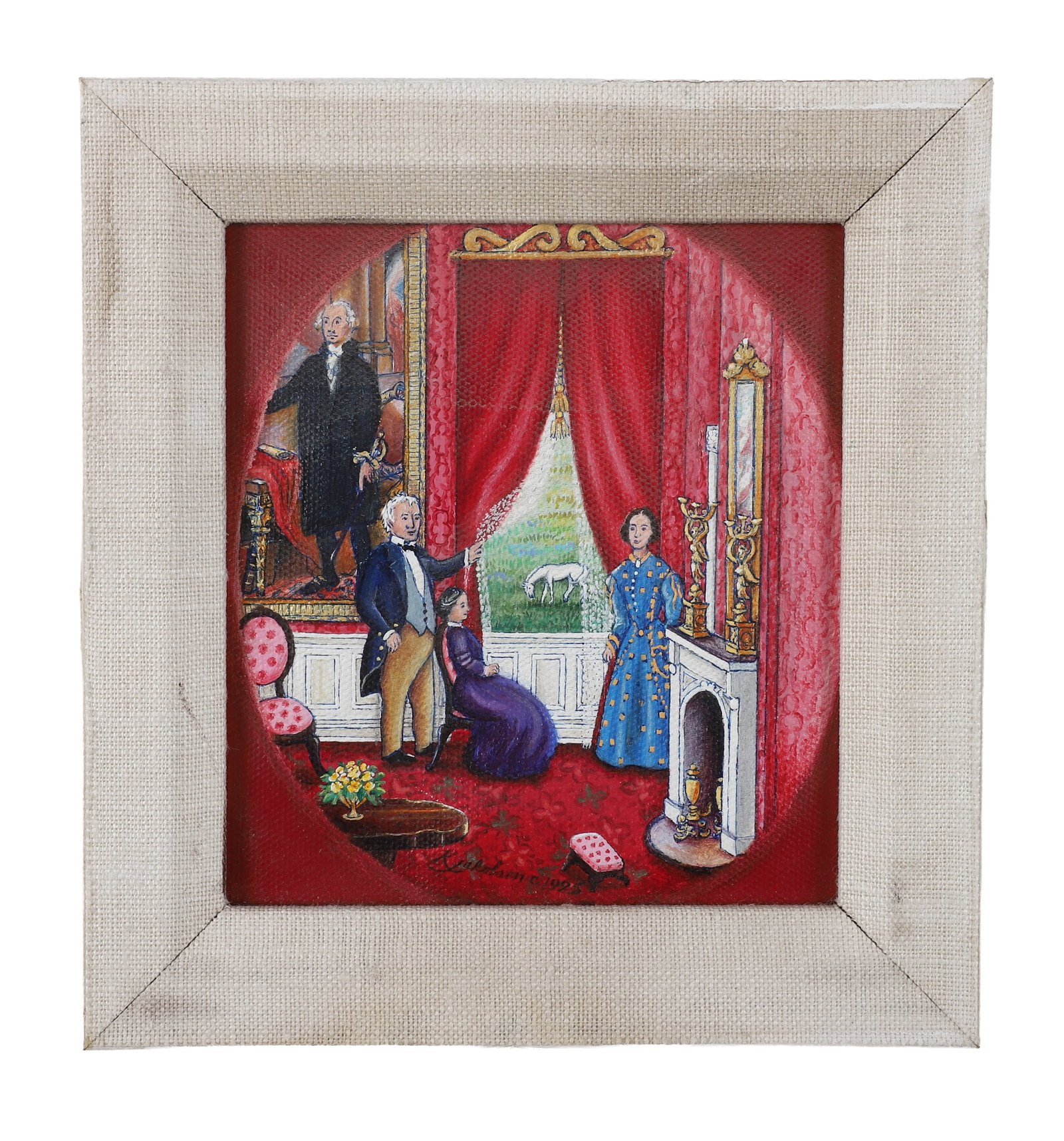 Katherine Jakobsen Folk Art Miniature Portrait: Katherine Jakobsen Folk Art Miniature Portrait Katherine Jakobsen (b.1952, American) President Zachary Taylor with wife and daughter in the Red Room of the White House. Oil on canvas wrapped art board