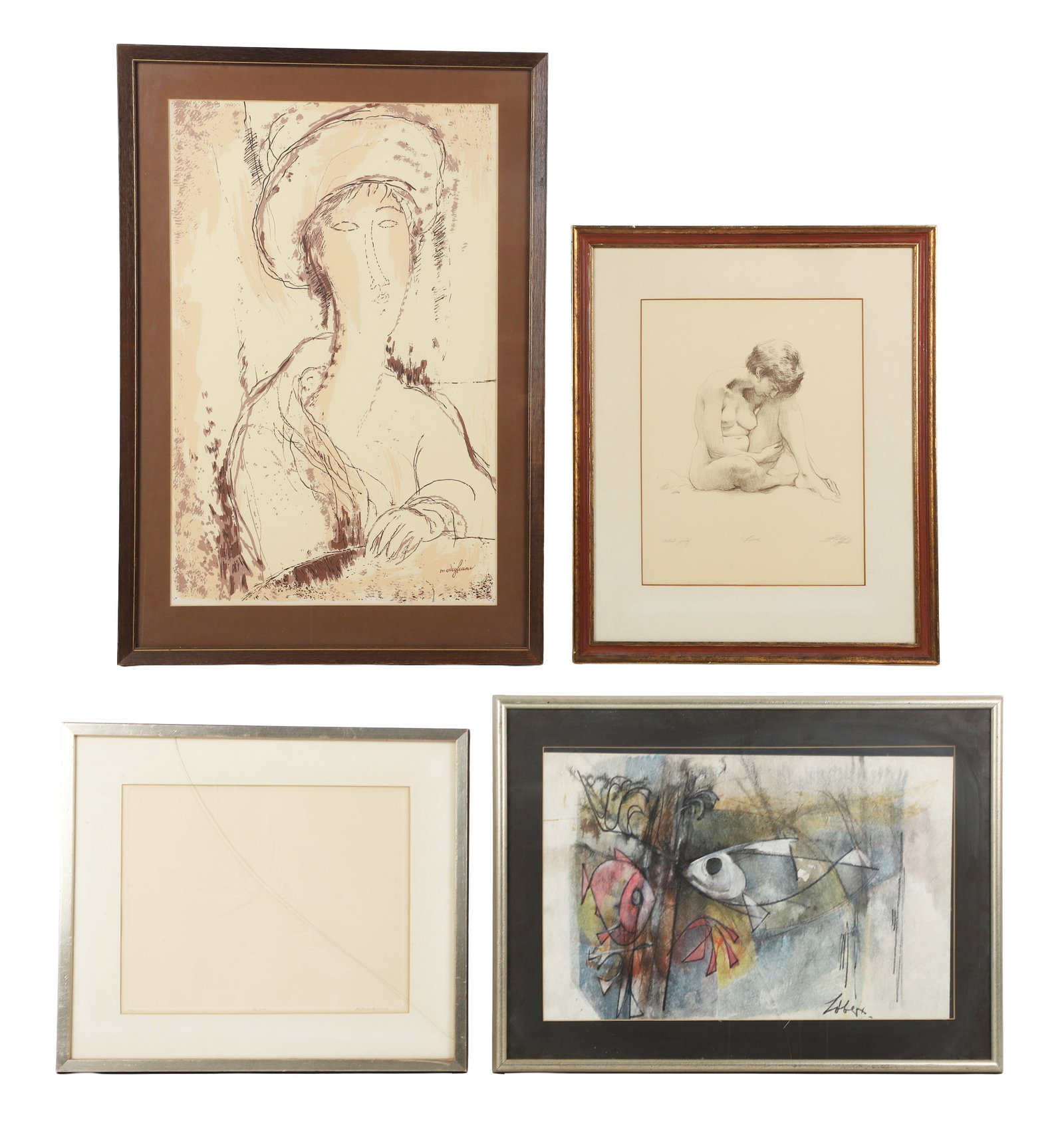 (4) Vintage Mid Century Artworks: (4) Vintage Mid Century Artworks Consisting of a lithograph after Modigliani; a fish theme composition on fiber paper, signed indistinctly; a figural nude etching, signed indistinctly; and an