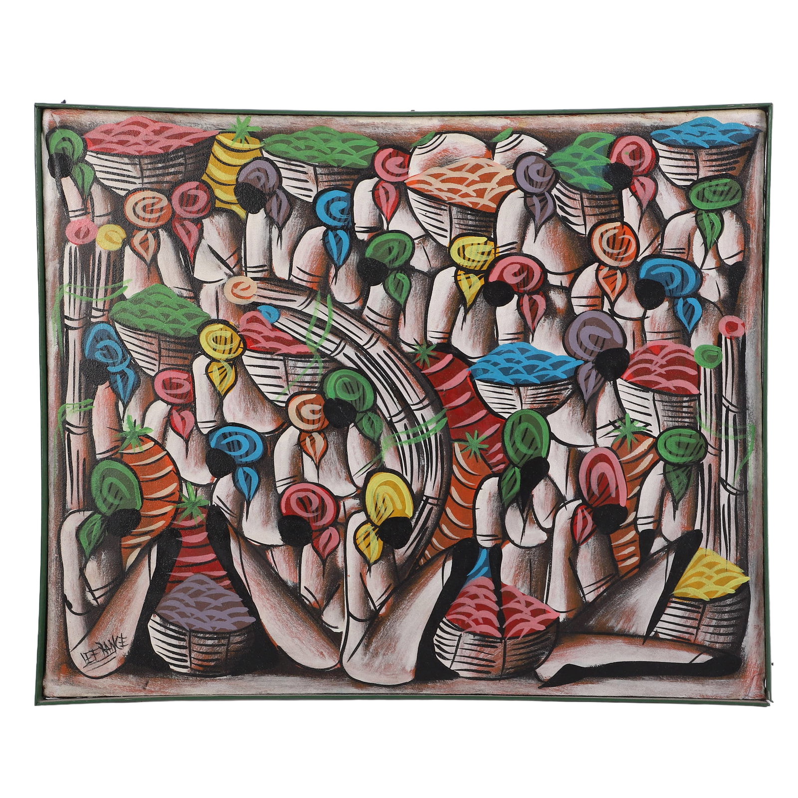 Vintage Haitian Folk Art Painting: Vintage Haitian Folk Art Painting Village scene signed LeFrance. Oil on Canvas. 18" H x 22" W.