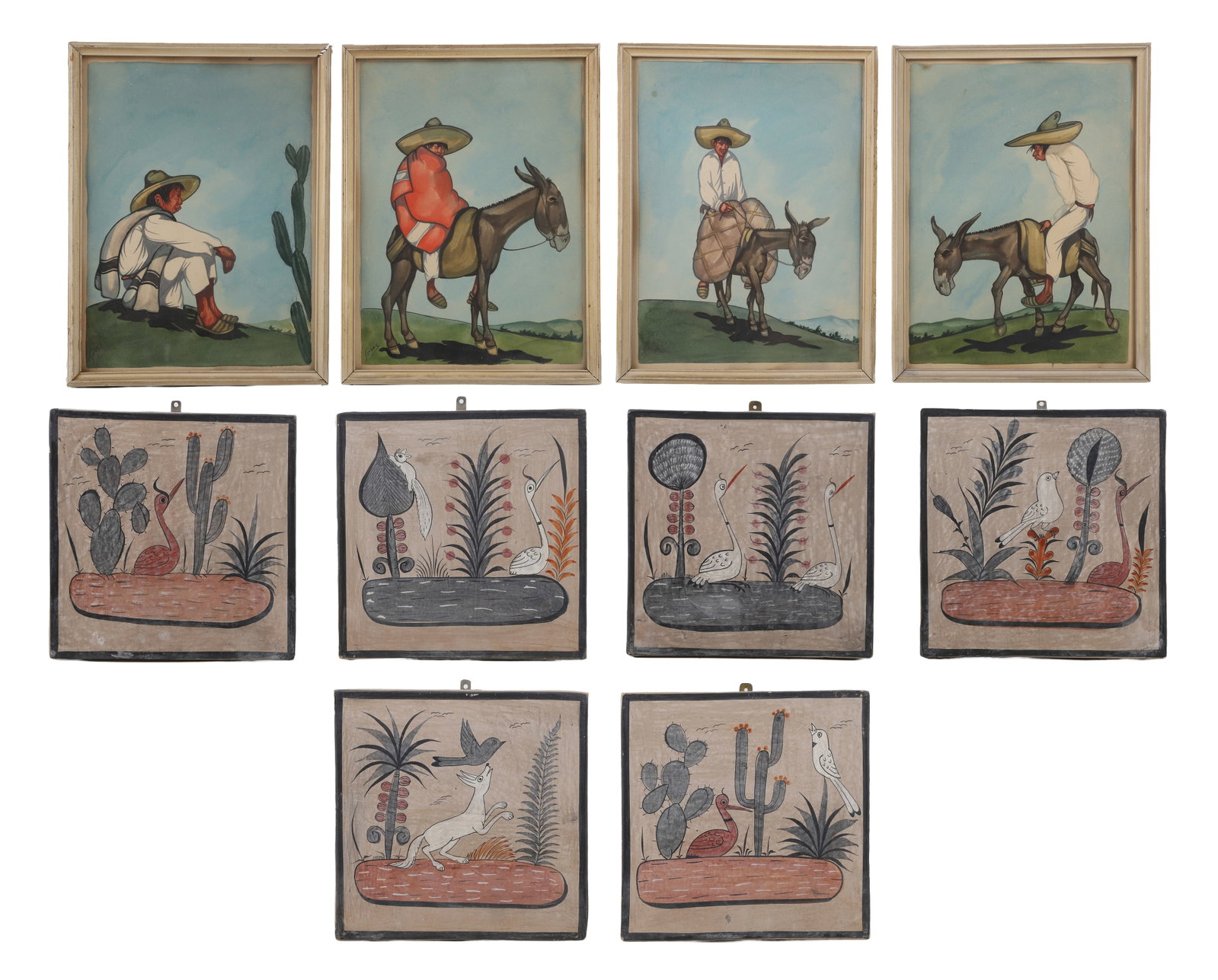 (10) Mexican Folk Art: (10) Mexican Folk Art (6) Smithsonian Museum Ship tonala pottery tiles, 9 3/8" x 9 3/8", along with (4) framed folk watercolor paintings signed 'Jesus', 8 3/4" x 11 3/4" sight, 9 3/4" x 12 3/4" frame