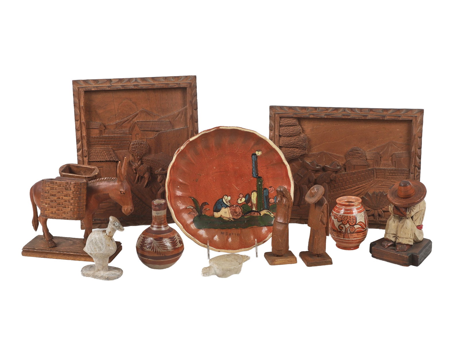 (11) Mexican Decorative Arts: (11) Mexican Decorative Arts (11) Collection of Mexican decorative folk art to include (2) Tonala pottery cabinet vases (tallest 5"H), 9 3/4"W plate, (2) 10" x 12" carved wooden relief scenes, and an