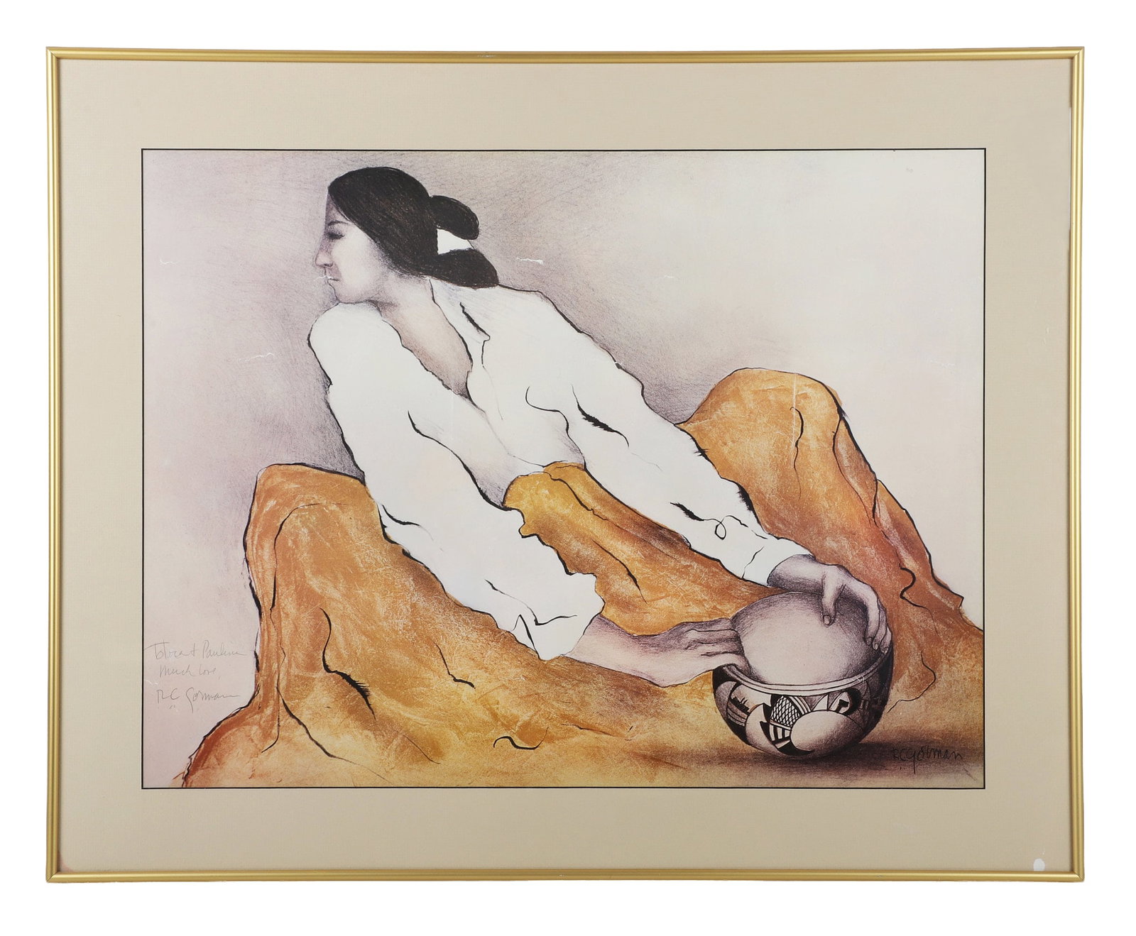 RC Gorman, Pottery Keeper Lithograph: RC Gorman, Pottery Keeper Lithograph Signed and inscribed lithograph. Framed under glass. 20.5" H x 27" W, mat, 27" H x 33" W, frame.