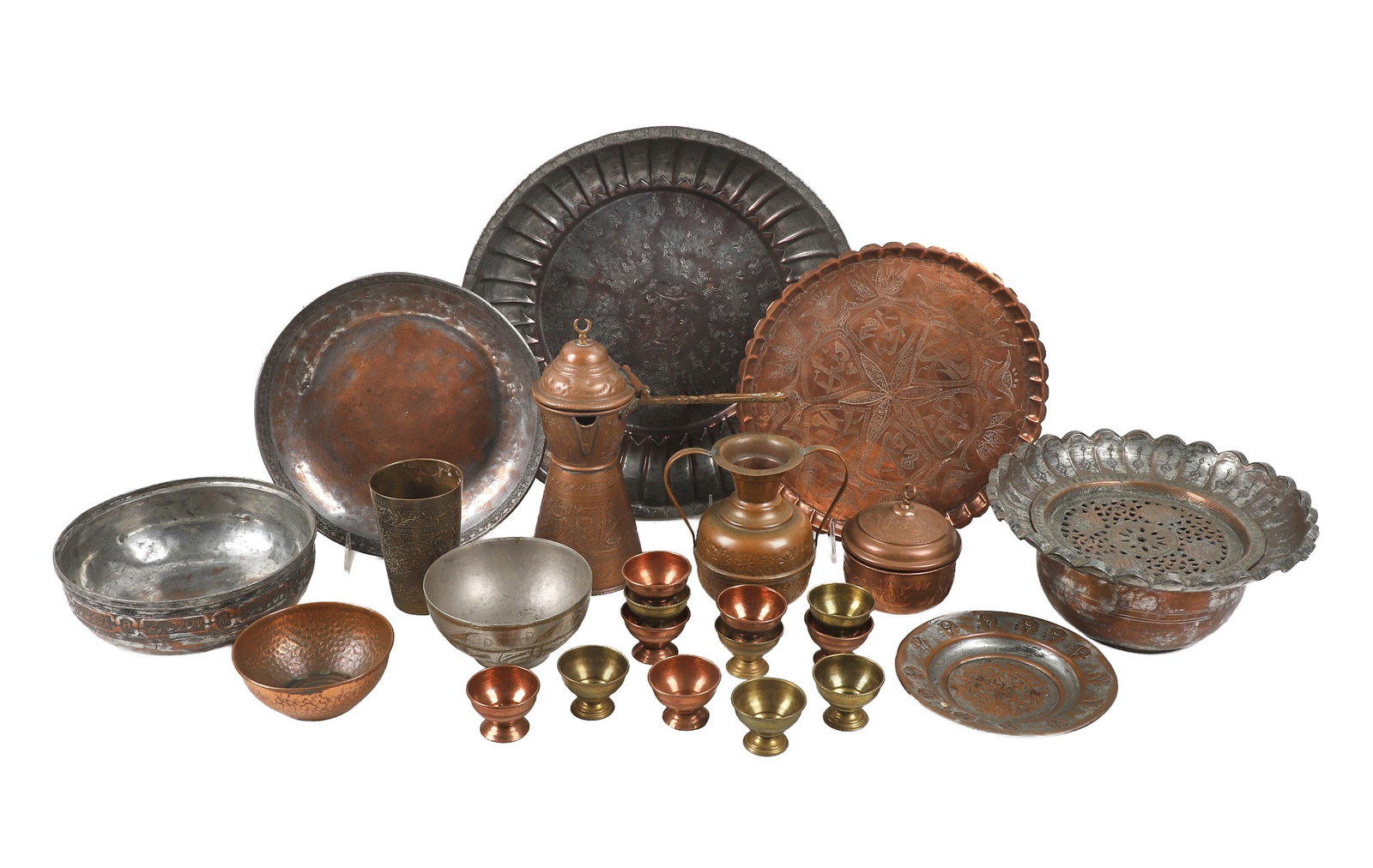 Turkish Copper Collection: Turkish Copper Collection Collection of Turkish & other Middle Eastern etched & hammered copper pieces. Includes a 4 1/2"H x 10"W basin with perforated lid, 14 1/4"W hammered centerpiece bowl, (12) 1