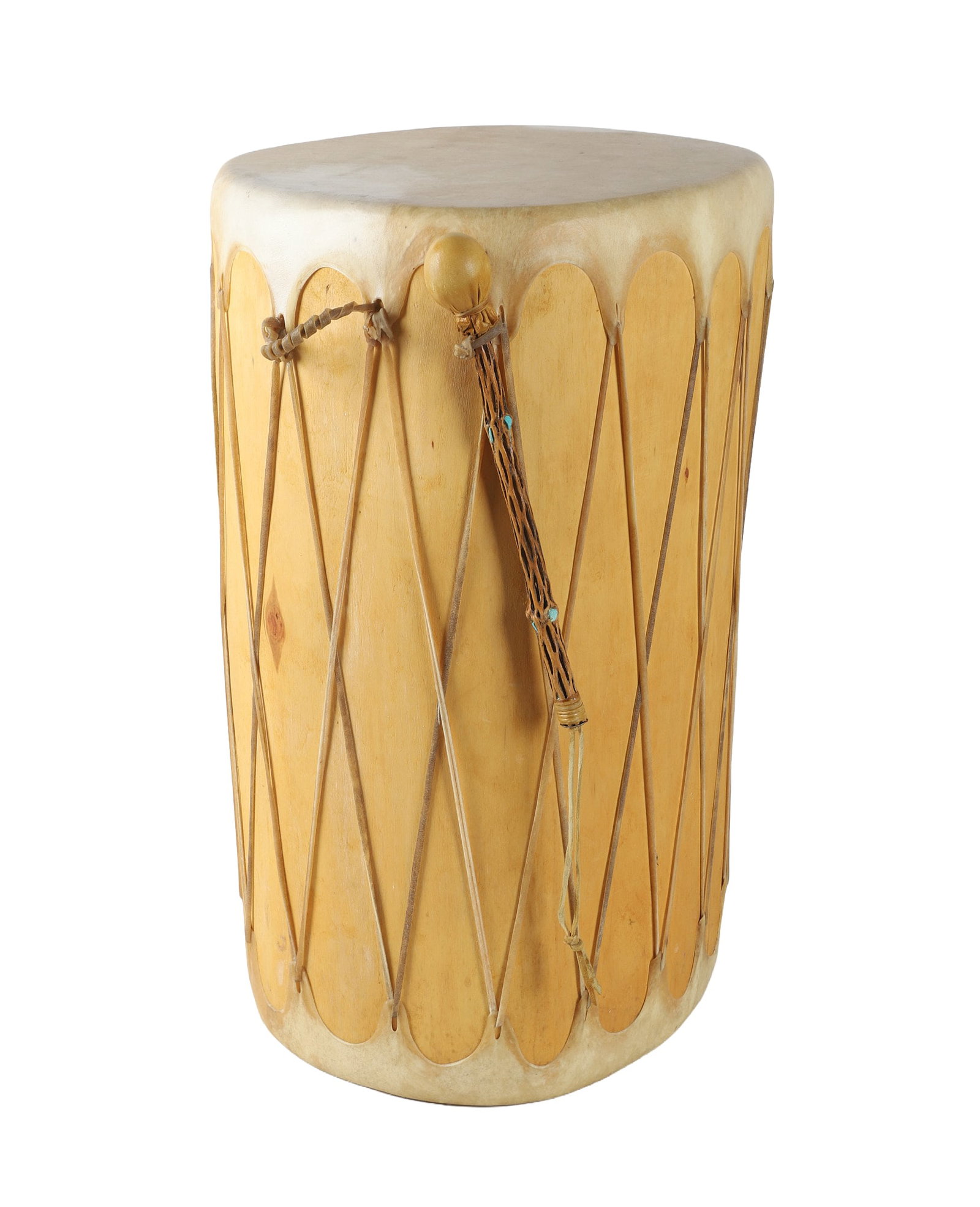 Large Taos Double-Headed Drum.: Large Taos Double-Headed Drum. Large Taos Drum with cylindrical wooden frame stretched and laced with natural rawhide on both top and bottom, beater included, 30" H, excellent condition.