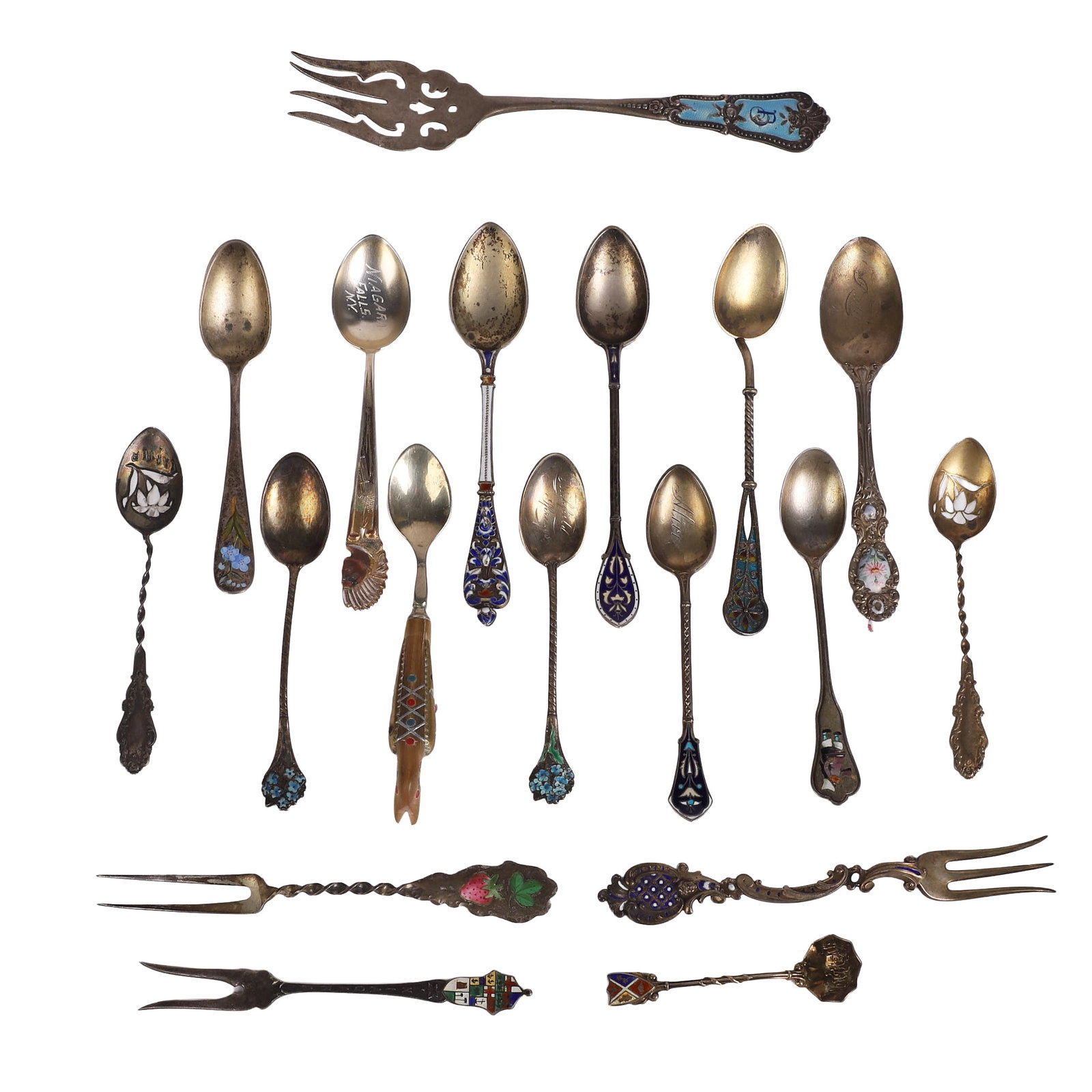 (18) Enameled Silver Flatware: (18) Enameled Silver Flatware (18) Collection of enameled silver flatware with the majority in sterling silver. Variety of colorful & commemorative designs. Total weighable 4.280 ozt.