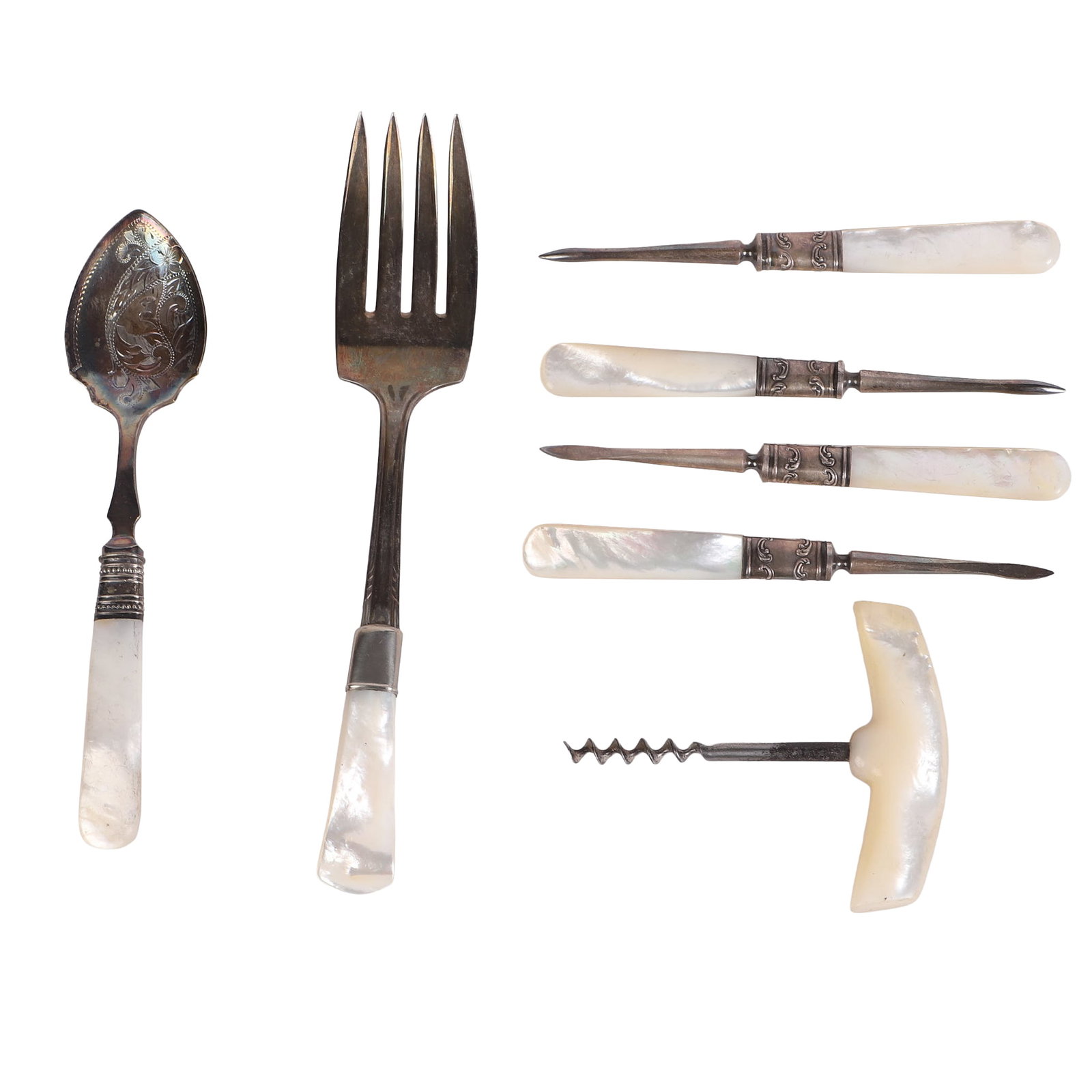 (7) Nacre-Handled Utensils: (7) Nacre-Handled Utensils (7) Nacre handled silver utensils including a set of (4) nut/crab picks, a wine opener, a meat fork & and etched spoon.