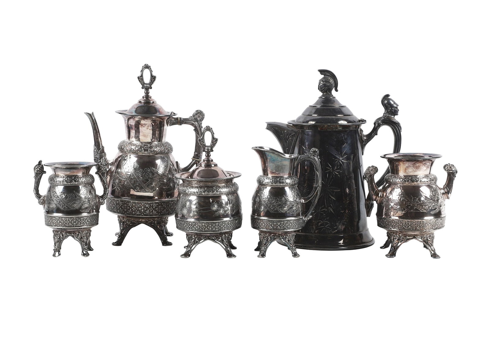 (6) Meriden Silver Plate Tea / Coffee Set + Linsenmayer Water Pitcher: (6) Meriden Silver Plate Tea / Coffee Set + Linsenmayer Water Pitcher (5) Piece Meriden matching pattern silver plate set on footed bases, tallest 13 1/4"H, and a Linsenmayer water pitcher with