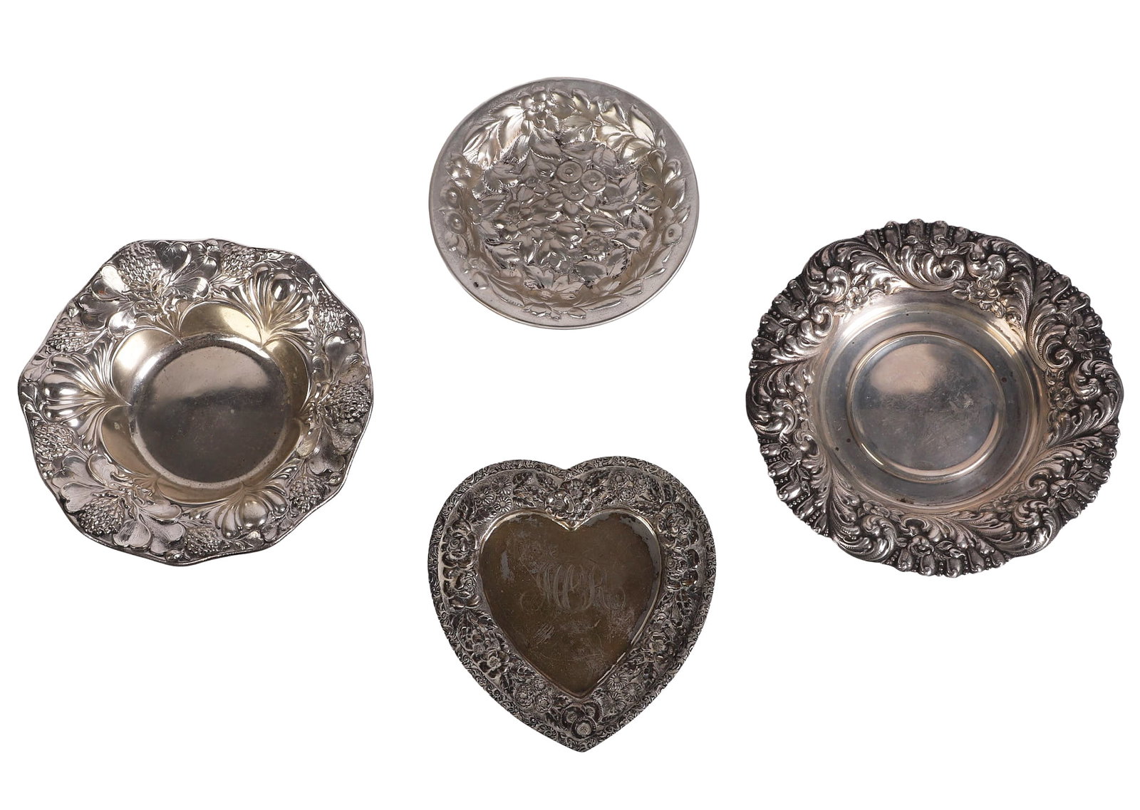 (4) Sterling Bon Bon Dishes: (4) Sterling Bon Bon Dishes (4) Sterling silver bon bon dishes including a Black Starr & Frost monogrammed heart form tray, Gorham water lily repousse bowl, Hamilton & Diesinger Art Nouveau floral