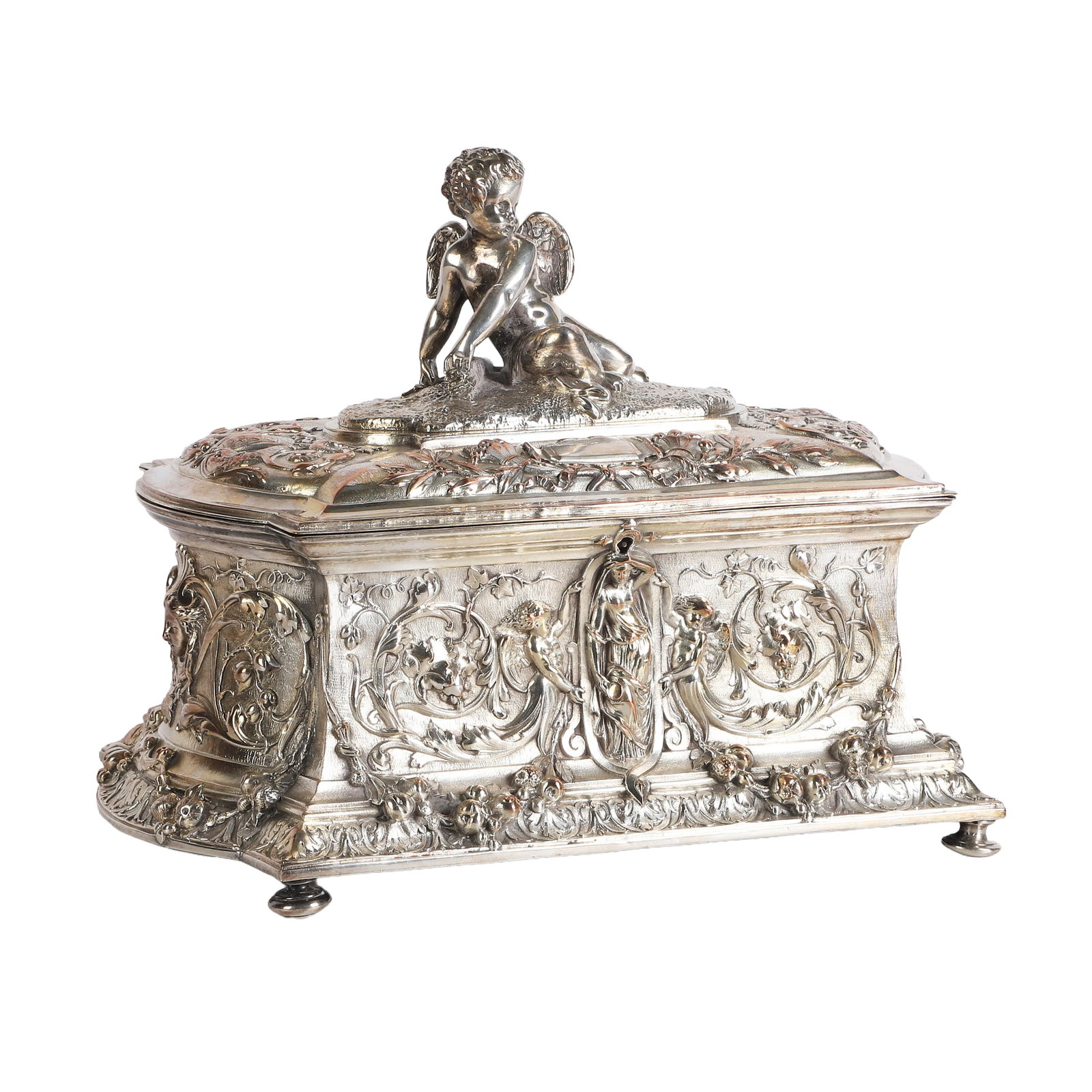 French Silver Plate Casket Box: French Silver Plate Casket Box Antique French silver plate casket box ornately decorated with cherub top, footed base, and lined interior. 9 1/2"H x 12"W x 8"D. Lining in need of repair