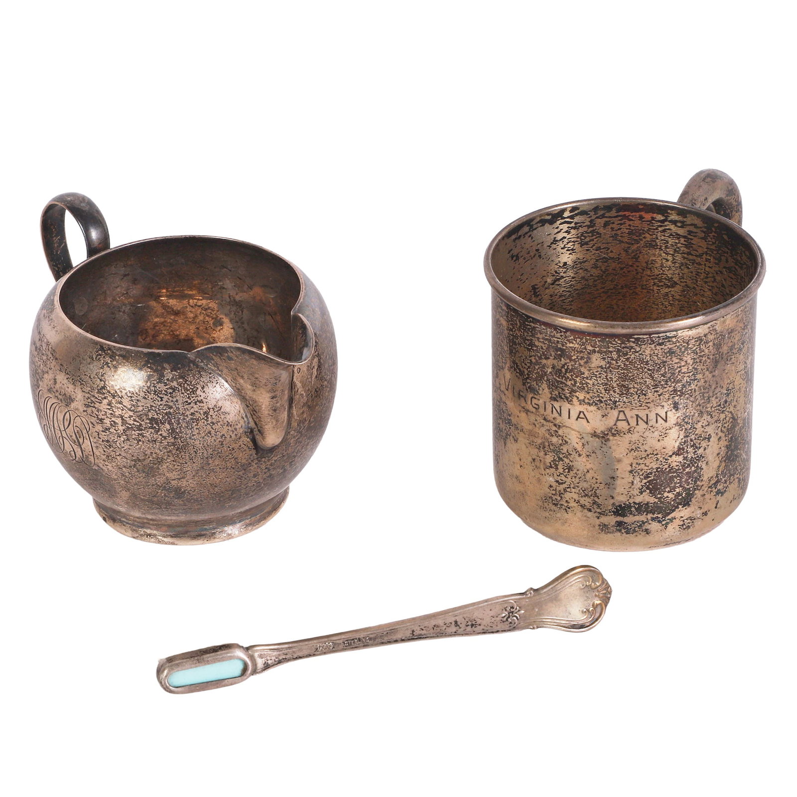 (3) Piece Sterling Silver including Gorham Creamer: (3) Piece Sterling Silver including Gorham Creamer (3) Piece Sterling Silver Group to Include Gorham Sterling Creamer retailed by J E Caldwell & Co., monogrammed, a sterling child's toothbrush and a s