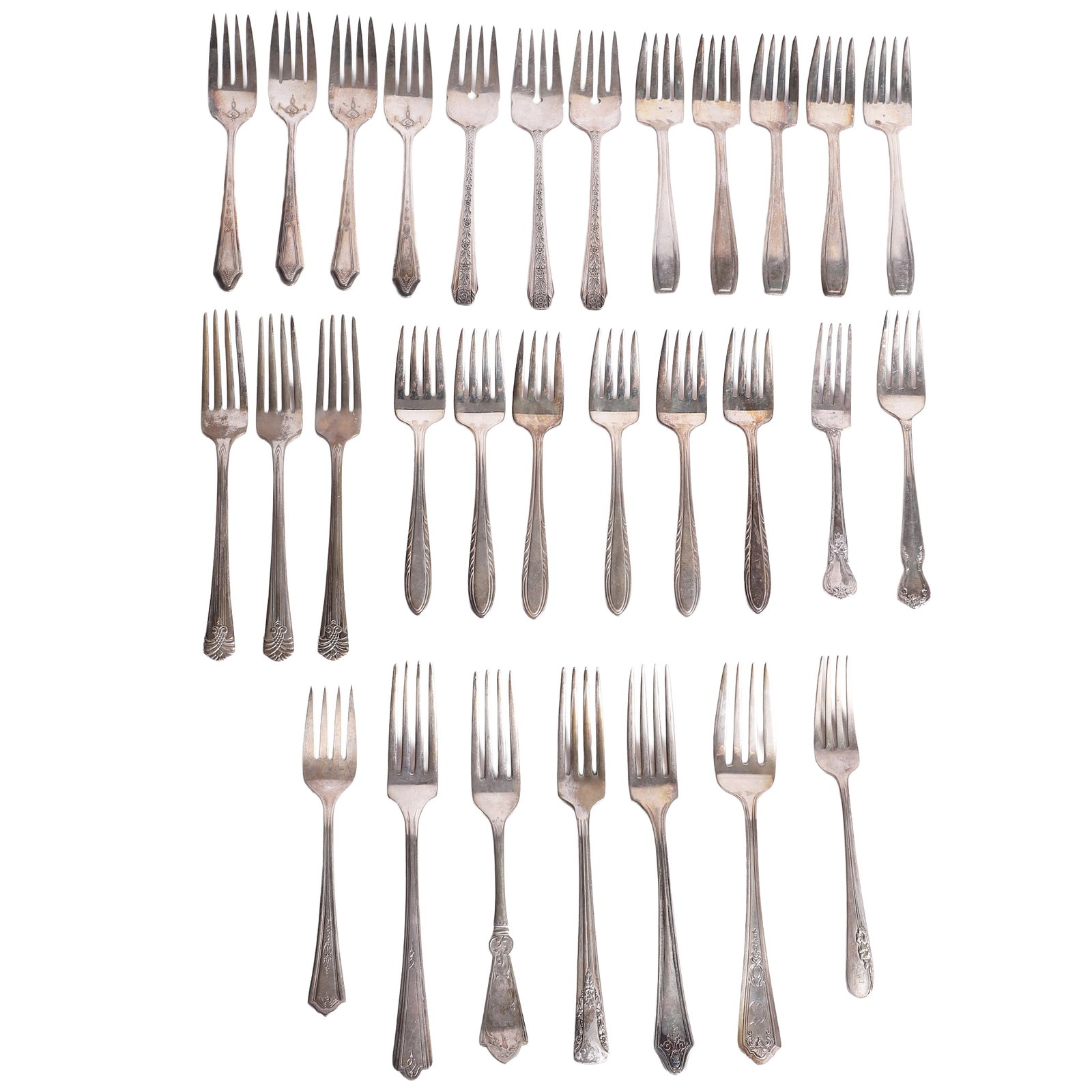(30) Silver Forks, Various Ages: (30) Silver Forks, Various Ages (30) Silver dinner and salad forks with (3) noted sterling silver, 3.265 ozt. Various patterns and makers