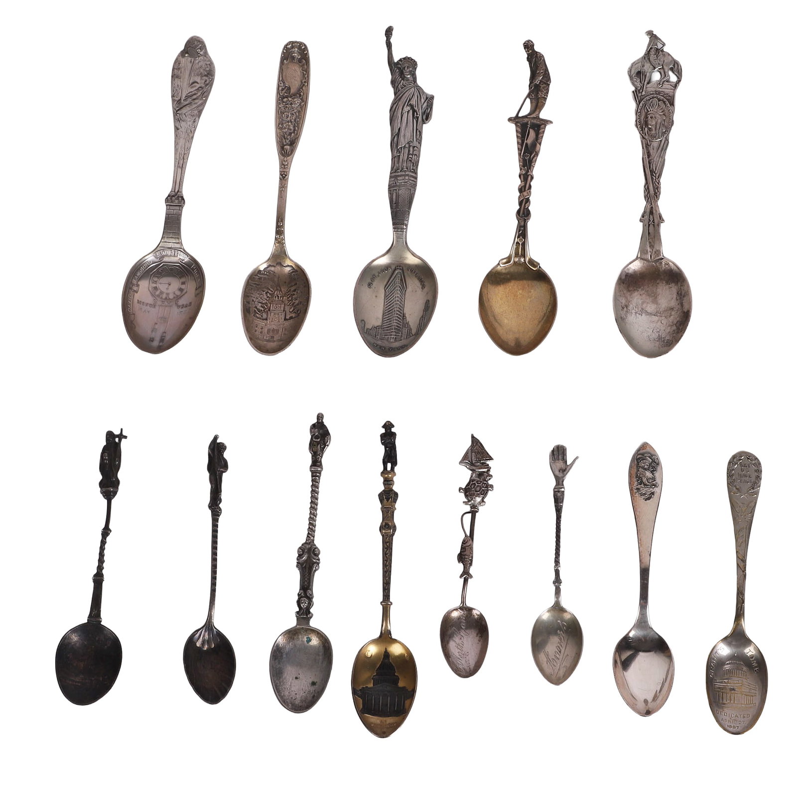 (13) Silver Commemorative and Souvenir Spoons: (13) Silver Commemorative and Souvenir Spoons (13) Silver commemorative and souvenir spoons with a mix of sterling, 800 silver, plate & more. Wide variety of styles & designs, weighable sterling 5.240
