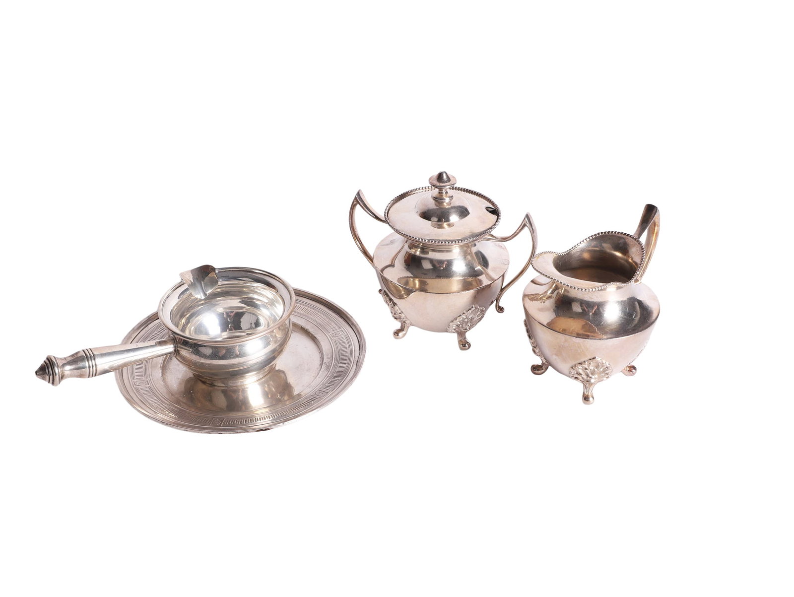 (4) Silver Service Pieces: (4) Silver Service Pieces (4) Silver service pieces including a 7"W sterling monogrammed dish (4.200 ozt), a Revere porringer (2.620 ozt) and an antique silver plate creamer & sugar.