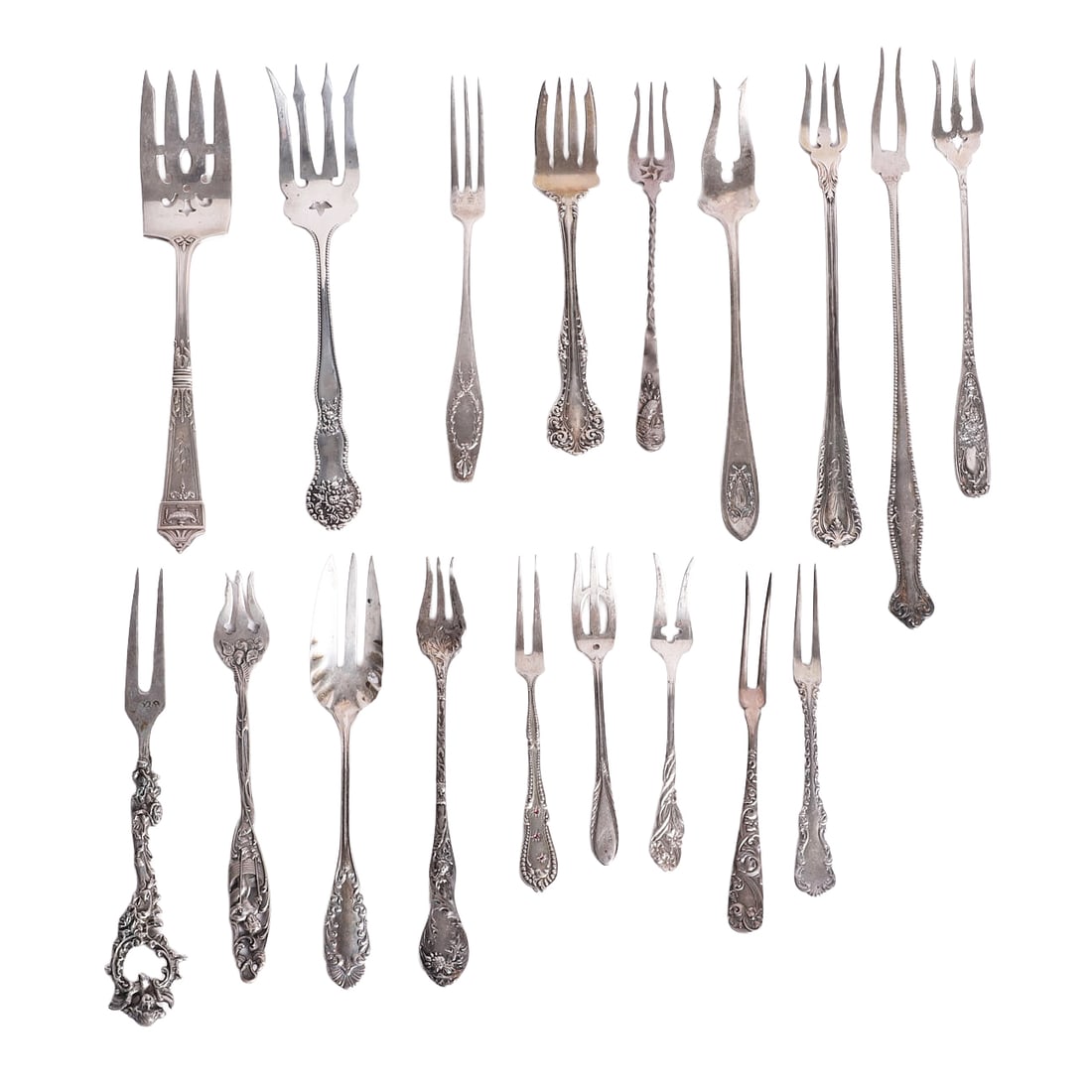 (18) Silver Forks & Fancies: (18) Silver Forks & Fancies (18) Sterling silver fine & decorated forks from makers like Bailey Banks & Biddle, James Watts, Gorham and more. Some monogrammed, all save (2) are noted sterling though a